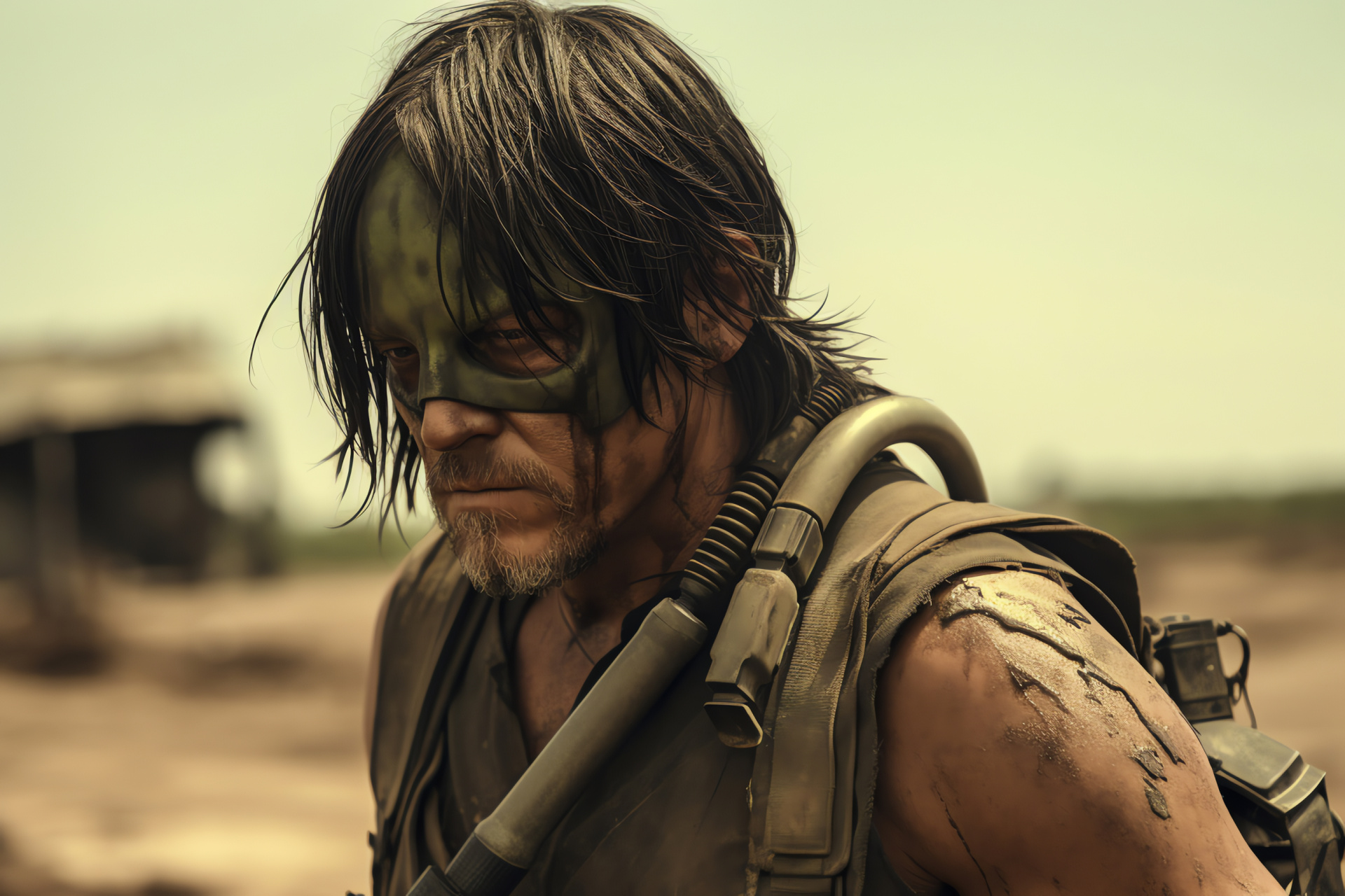 Norman Reedus on set, Hazardous environment garb, Contaminated air scenario, Movie still, Survival gear, HD Desktop Wallpaper