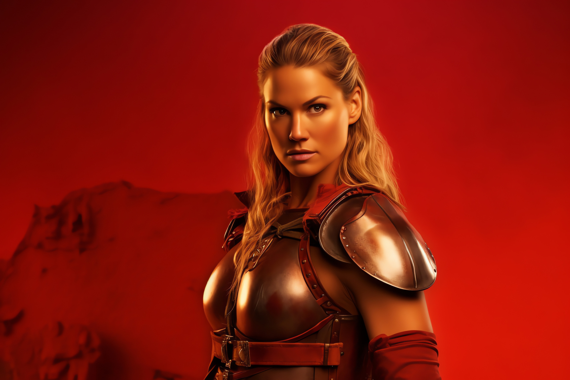 Ellen Hollman, Saxa portrait, Wide stance, Red console, Warrior dress, HD Desktop Wallpaper