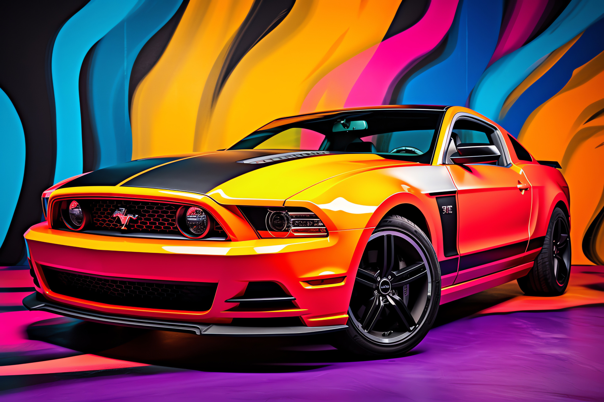 Bold Mustang stance, Colorful setting exuberance, Automotive display, Broad horizon, Dominant car personality, HD Desktop Wallpaper