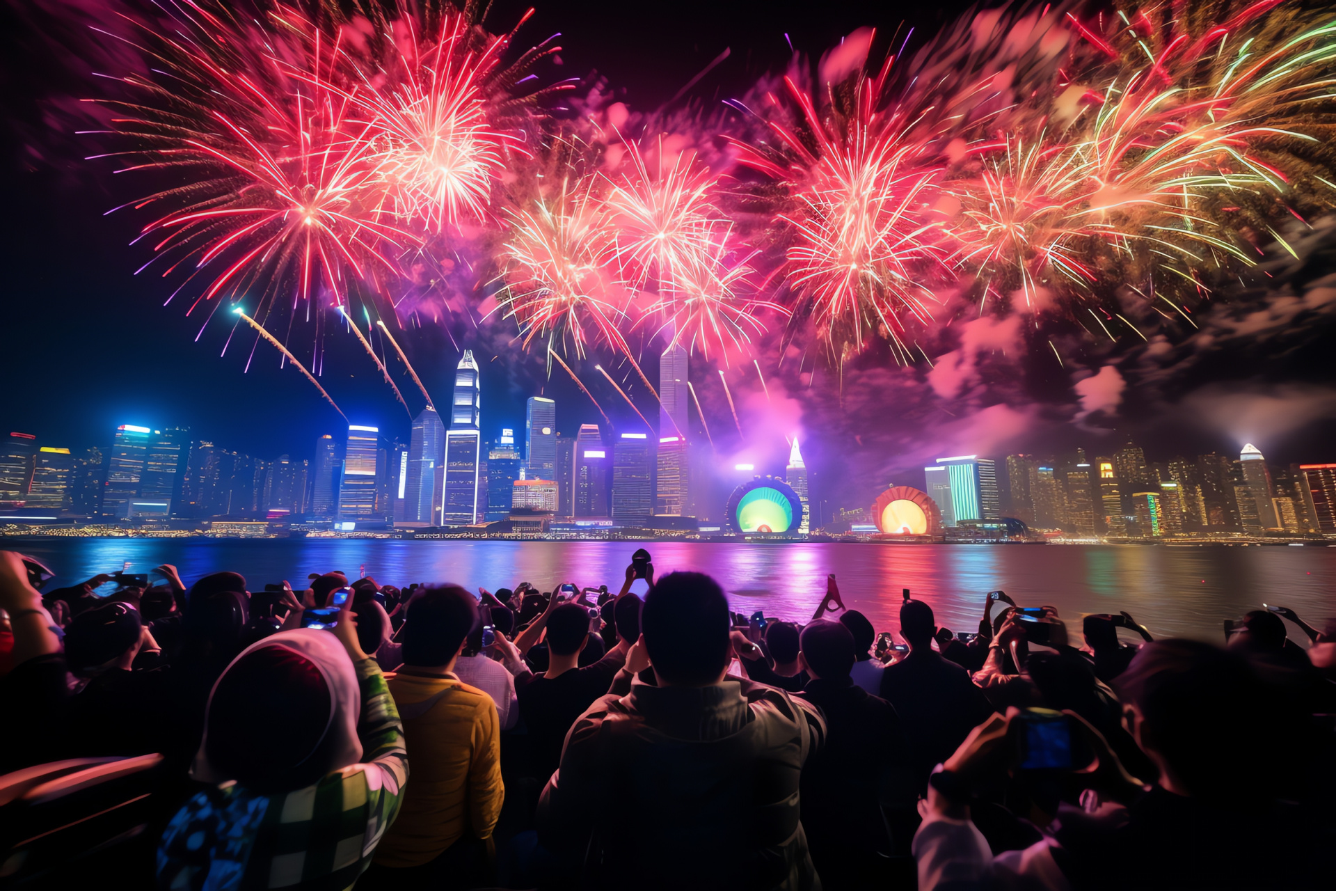 Hong Kong New Year, Victoria Harbour lightshow, Star Ferry vistas, Tsim Sha Tsui waterfront, Metropolitan revelry, HD Desktop Image