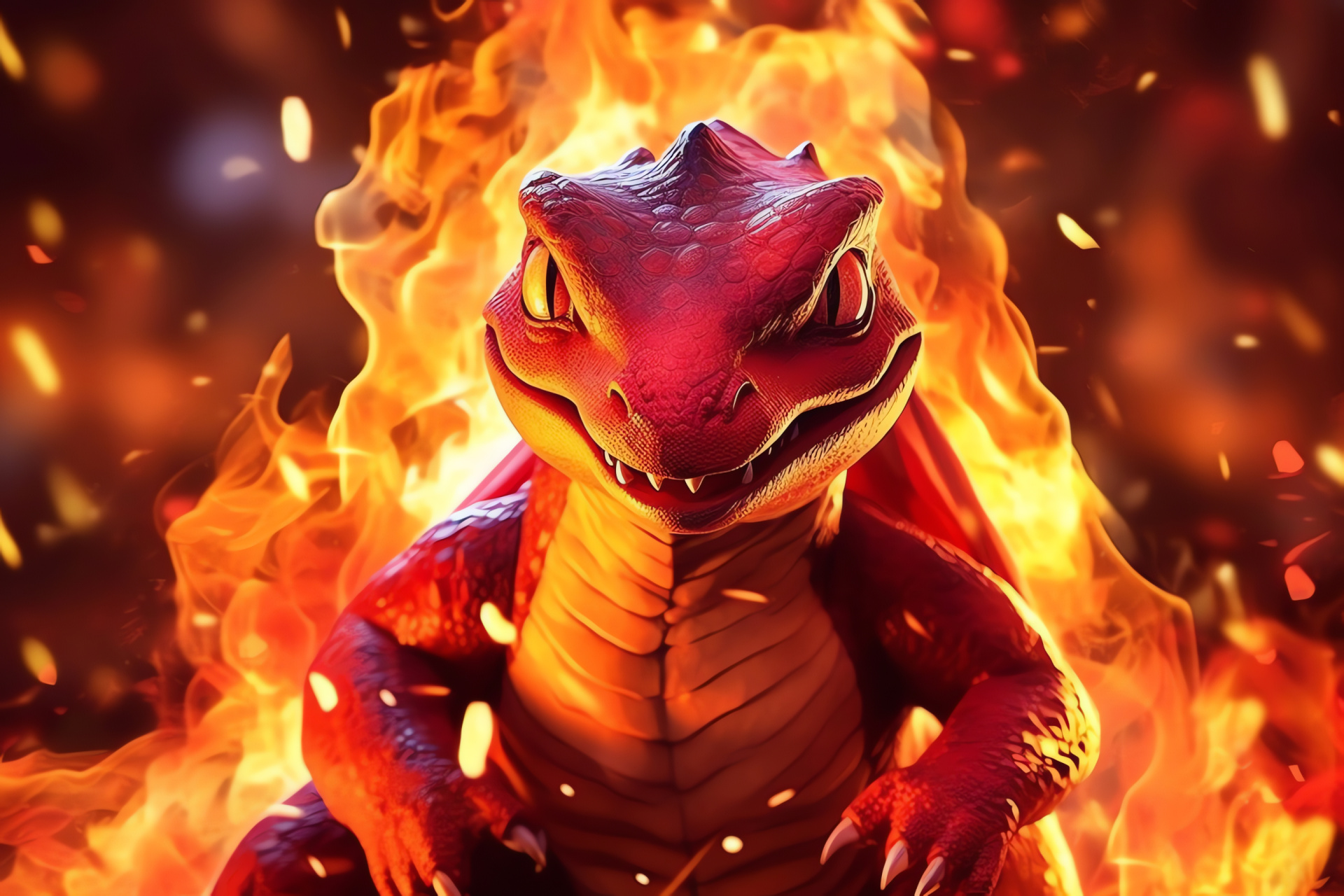 Charmeleon, Flame-tailed creature, Pokemon video game, Fiery dragon-like figure, simple duo-chrome setting, HD Desktop Image