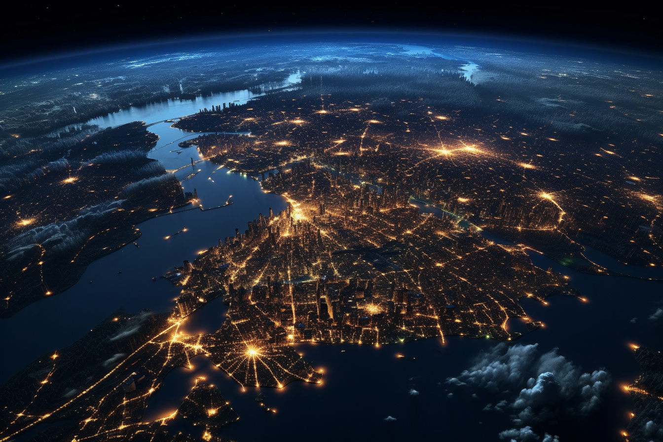 Global nighttime illustration, Luminous planetary surface, Satellite imagery of civilization, Urban development from orbit, Earth after dusk, HD Desktop Image