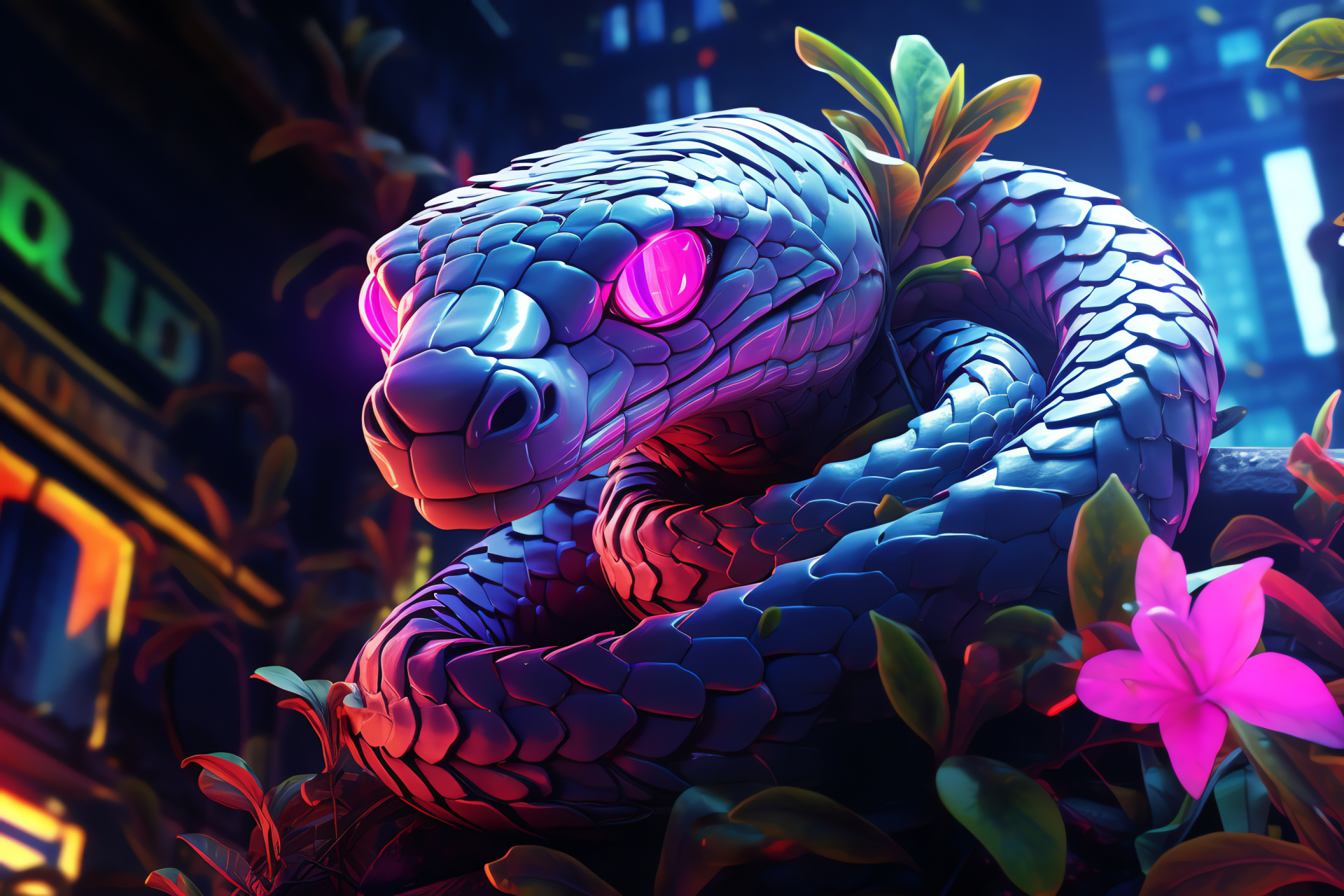Vibrant serpent, neon reptile, botanical setting, urban flora, nocturnal luminescence, HD Desktop Wallpaper