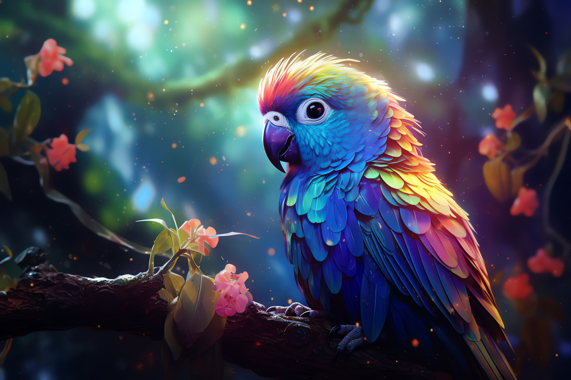 Mystical parakeet, Sparkling environment, Amethyst eyes, Dewdrops flora, Enchanting birds, HD Desktop Wallpaper