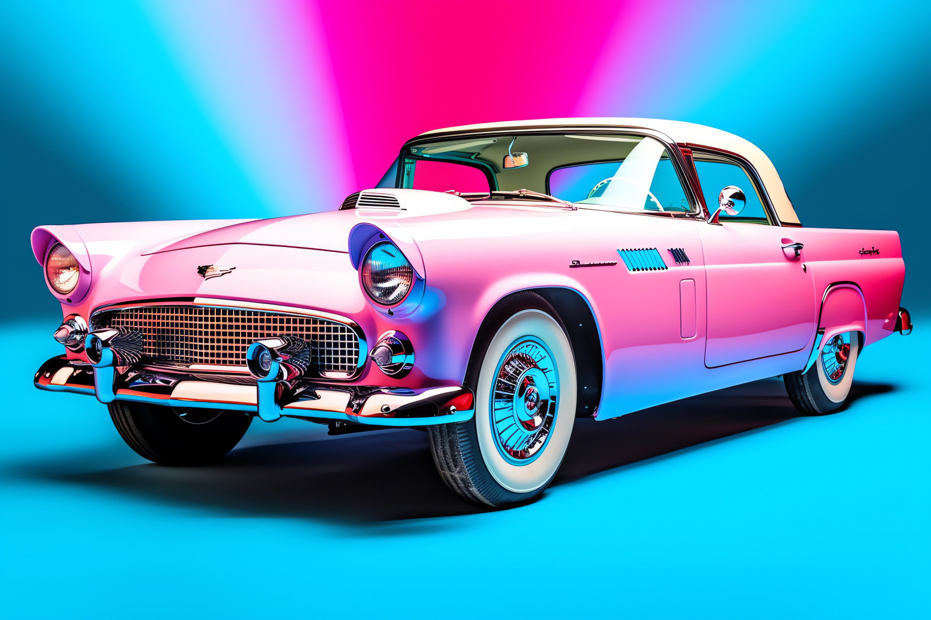 Ford Thunderbird 1955 collectible, Car enthusiast treasure, White vintage auto, Blue and pink background hues, Elevated viewpoint, HD Desktop Image