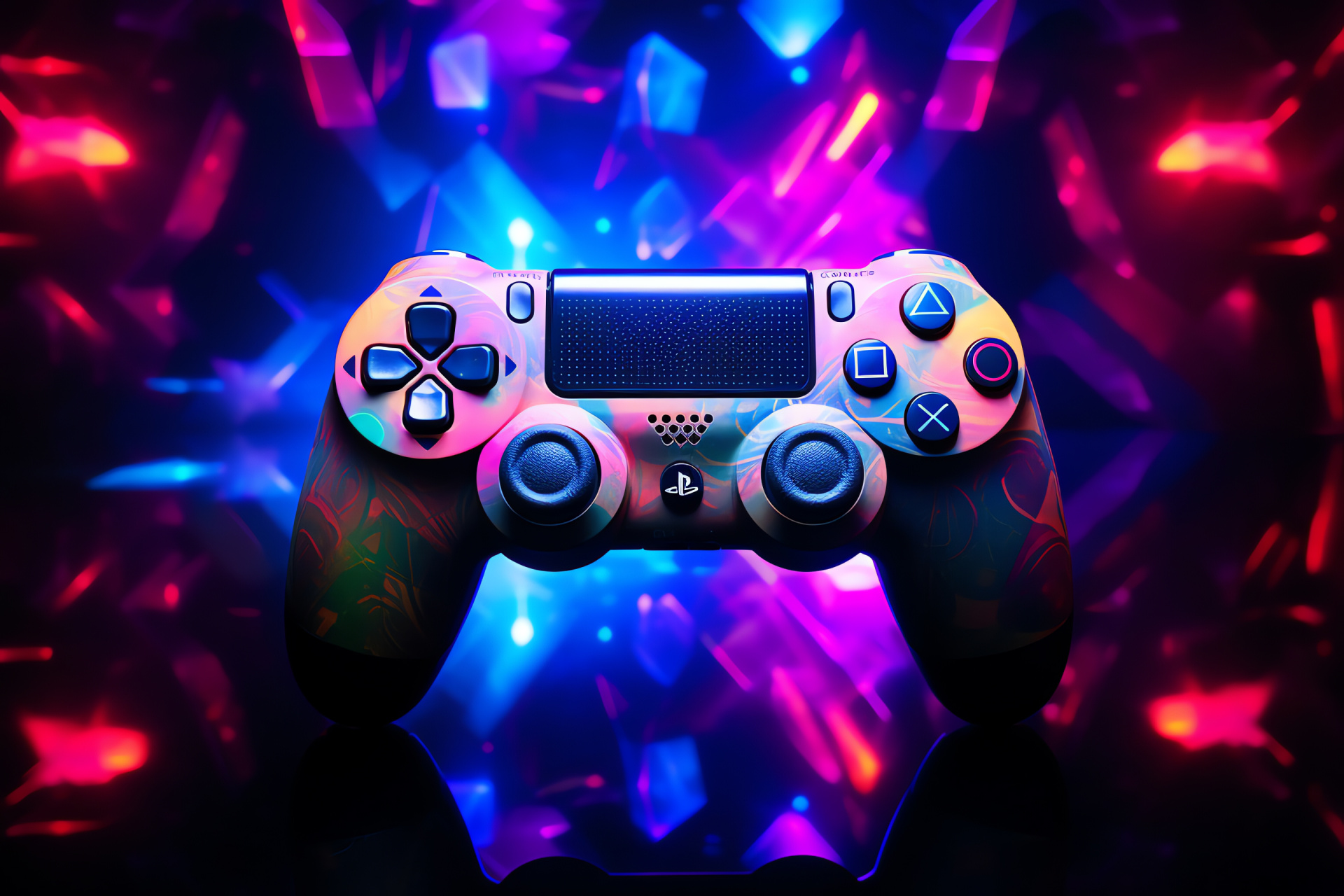 Playstation controller, dazzling patterns, neon spectrum, thrilling experience, interactive play, HD Desktop Image