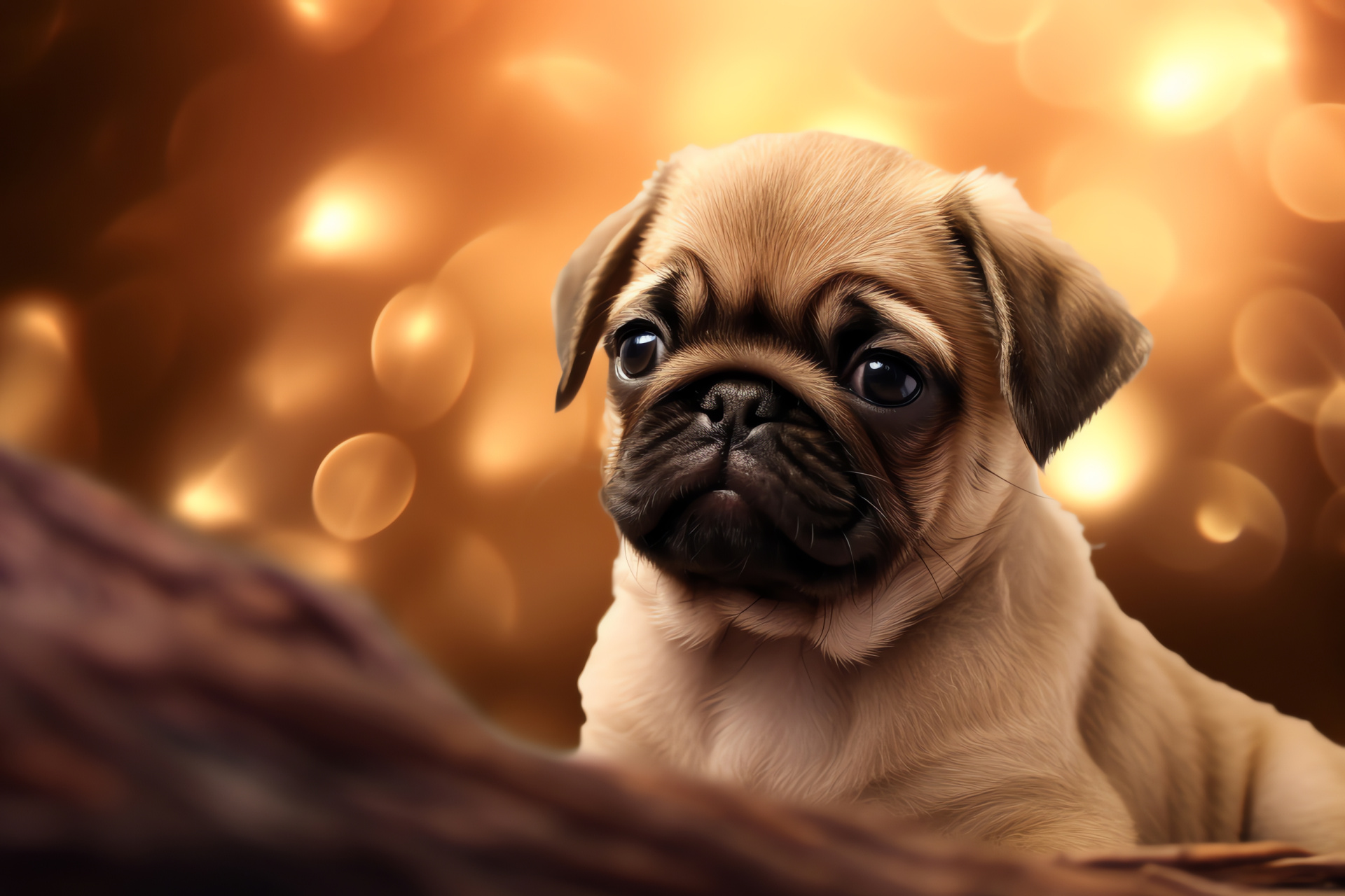 Pug pup face, intimate canine view, expressive eyes, warm fur color, dynamic illuminated curves, HD Desktop Wallpaper