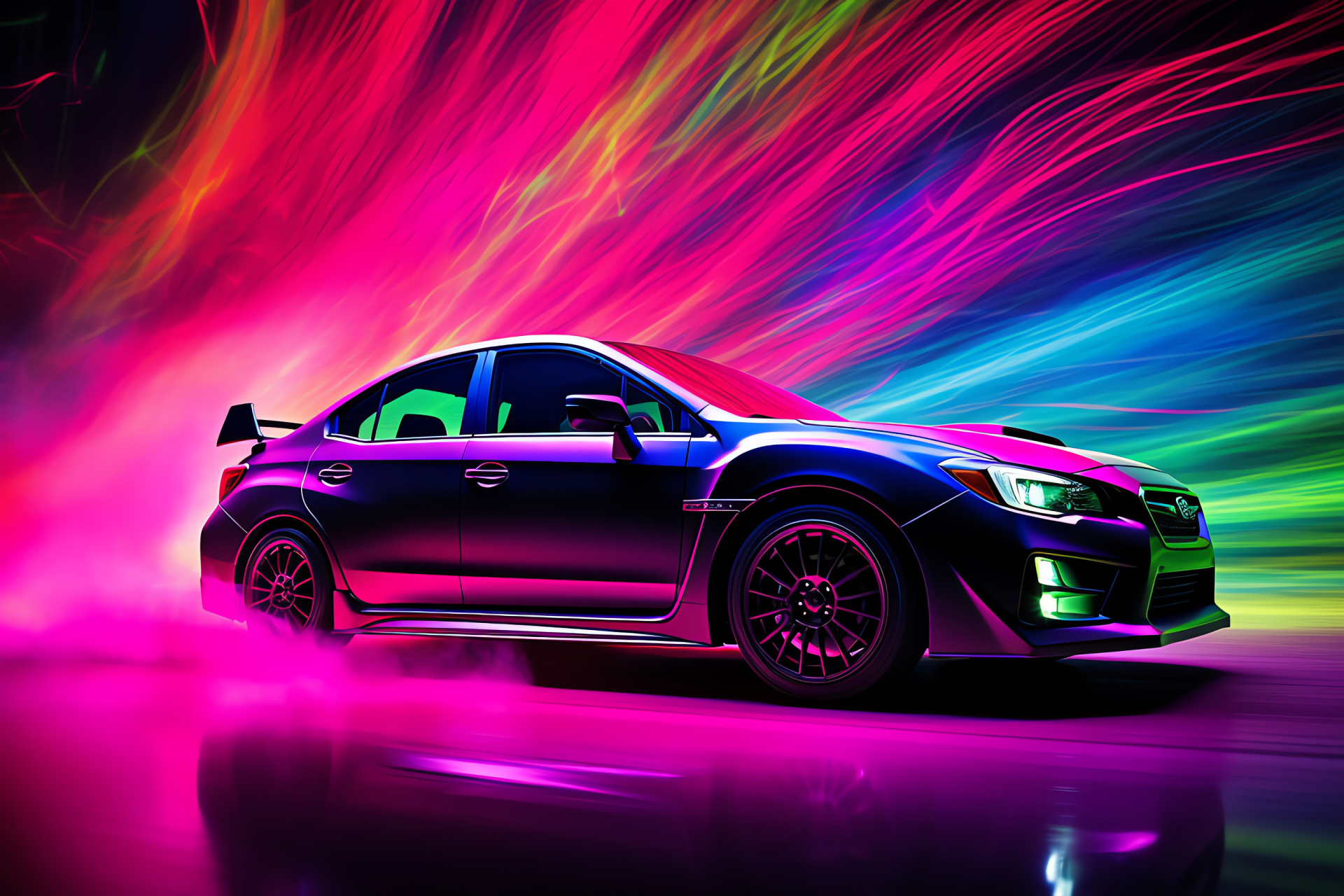 Vivid illumination, WRX 2014 coupe, neon ambiance, performance styling, abstract light art, HD Desktop Wallpaper