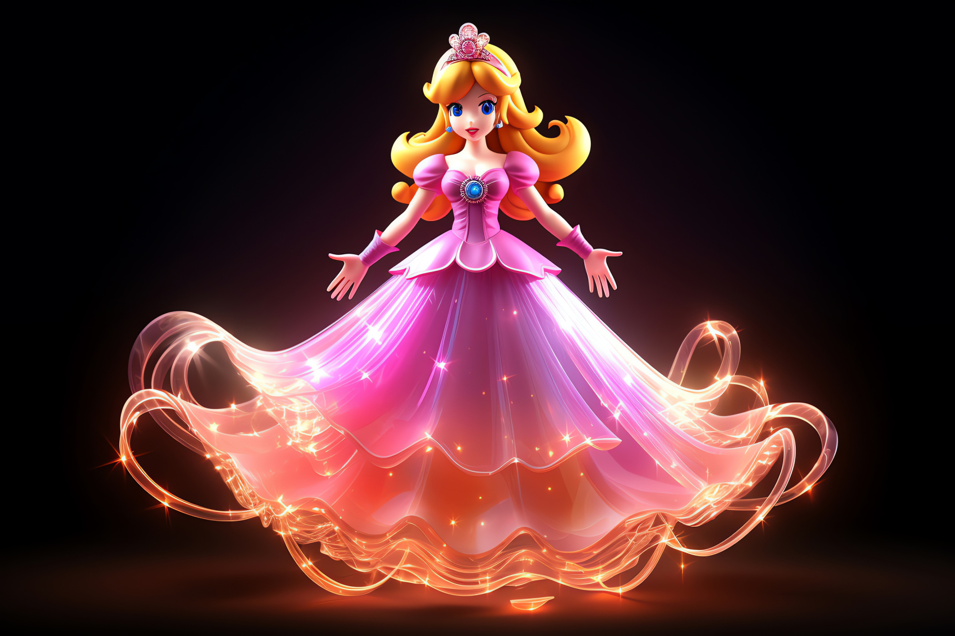 Princess Peach royal, Luxurious blonde curls, Elegant pink gown, Peach's blue stare, Regal tiara, HD Desktop Image