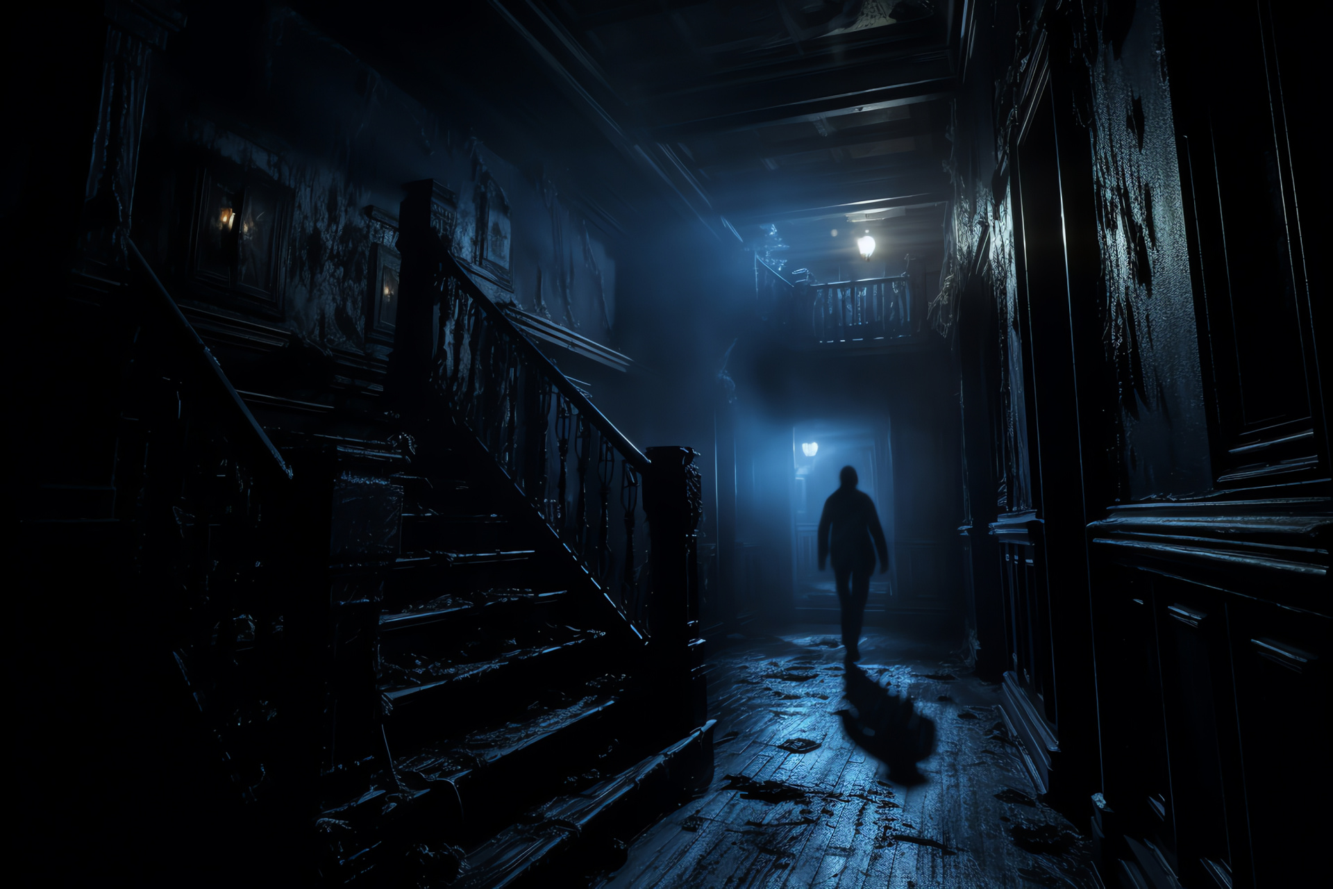 Nocturne game theme, Ghostly mansion setting, Apparition exploration, Ominous game environment, Mysterious hallway acoustics, HD Desktop Wallpaper