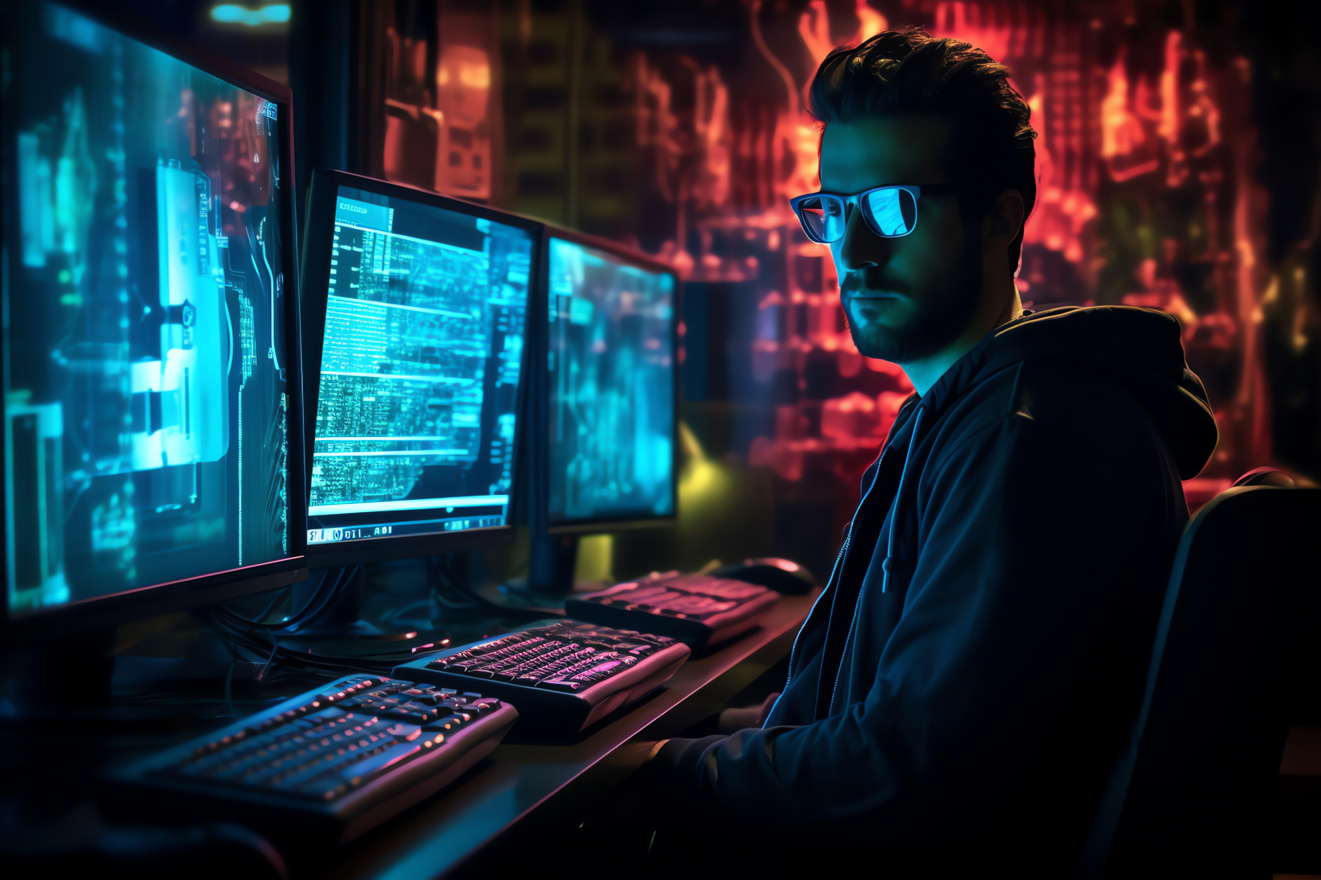 Hacker in movie scene, Computer technology, Code writing, Cyberattack plot, Covert surveillance, HD Desktop Image