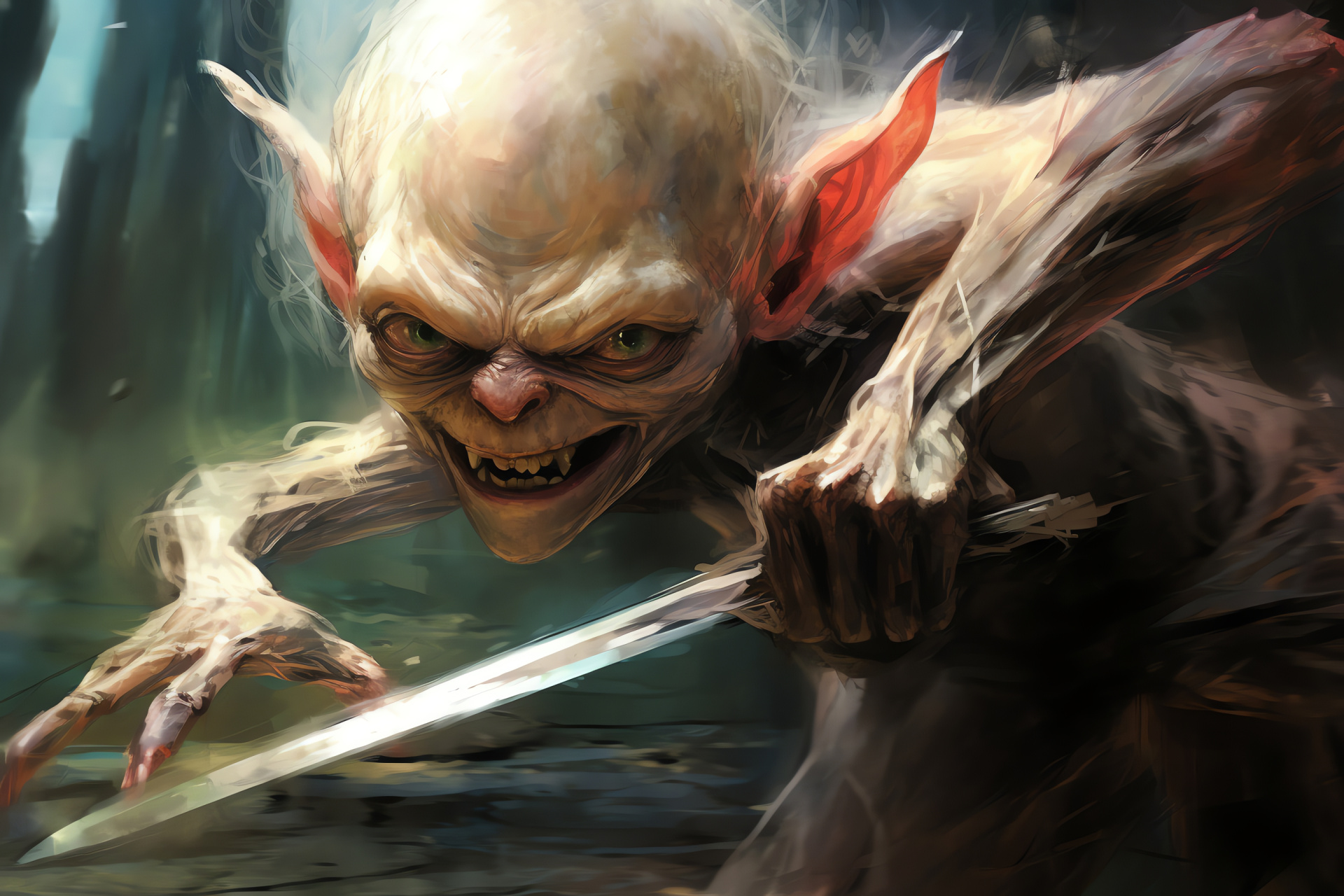 Smeagol, Intense combat, Mythical creature, Dark fantasy epic, Lord of the Rings character, HD Desktop Wallpaper