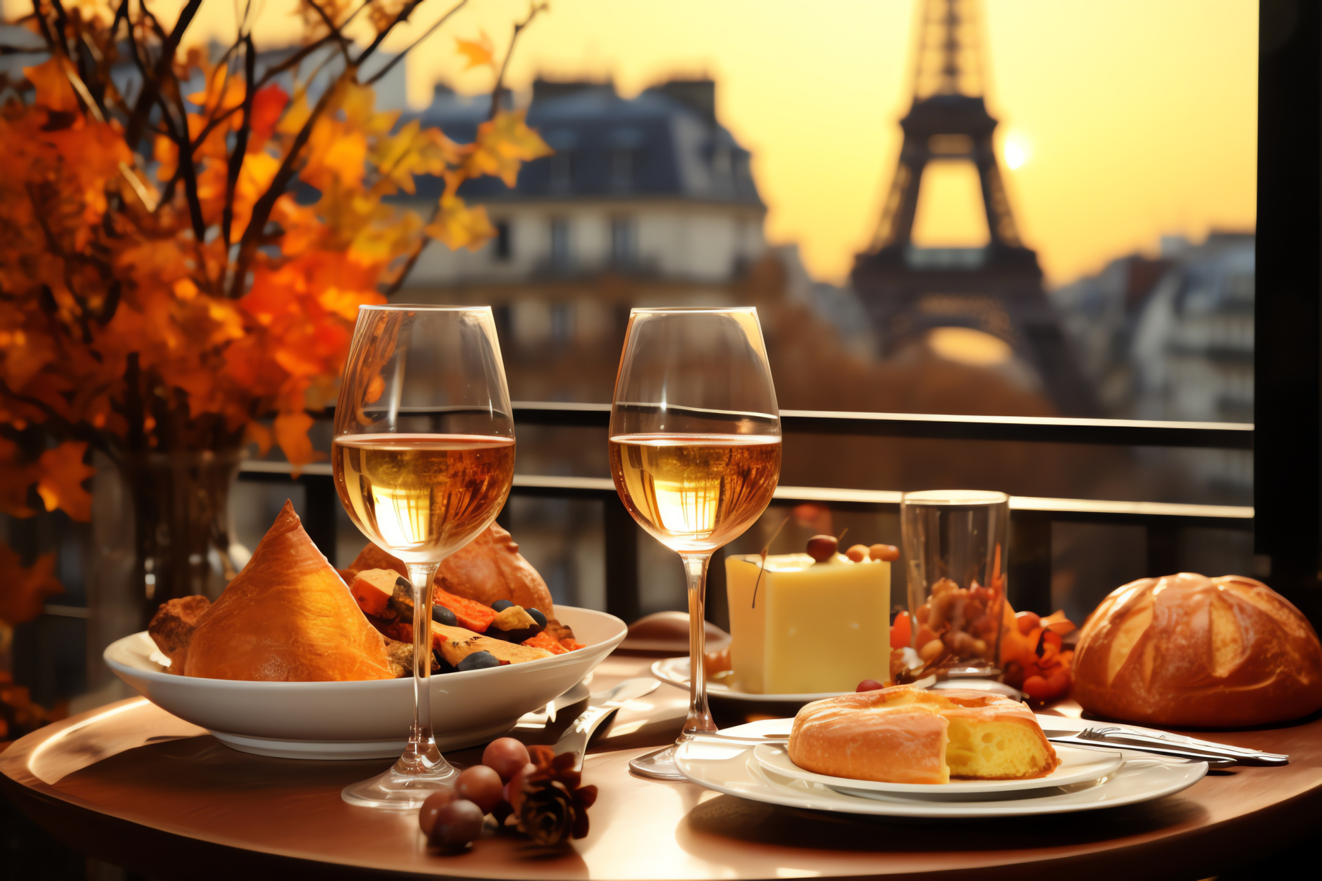 Autumn holiday, Parisian charm, holiday feast, warm ambiance, joyful festivity, HD Desktop Image