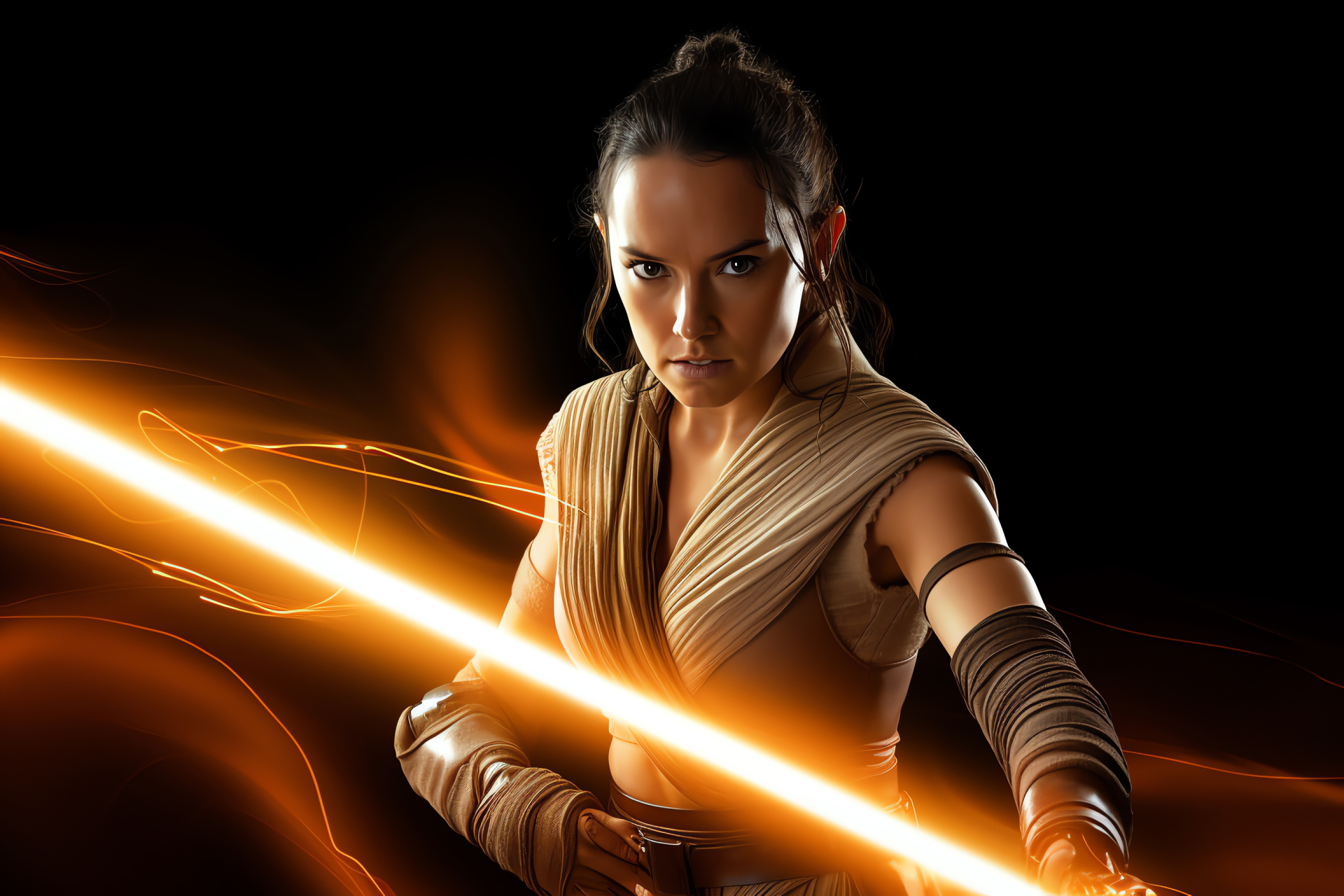 Rey figure, Galactic rebellion, Hero's resolve, Emotional spectrum, Sci-fi narrative, HD Desktop Image