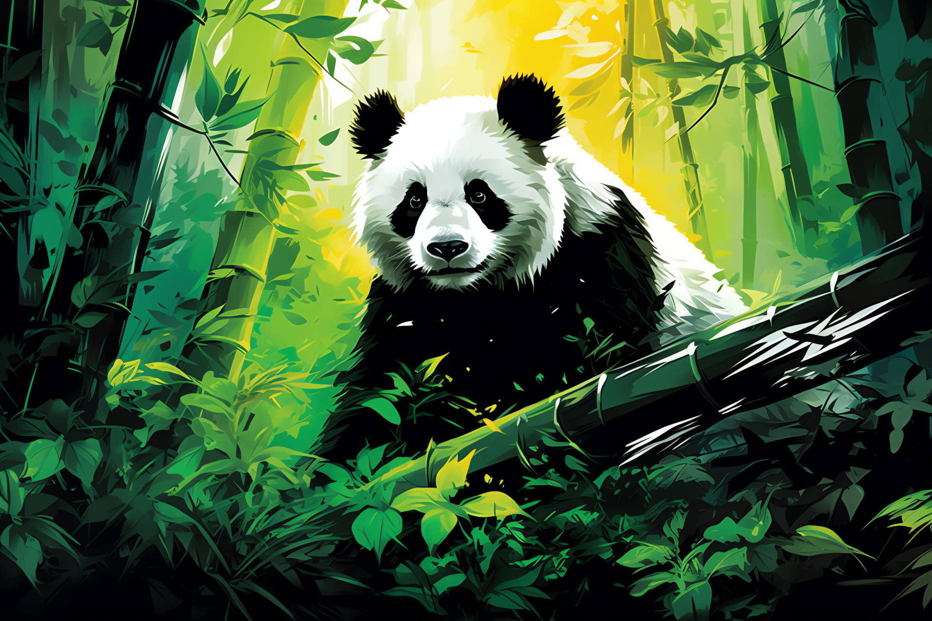 Green-eyed panda, Fluffy giant, Black and white emblem, Fauna emblem, Dense forest home, HD Desktop Image