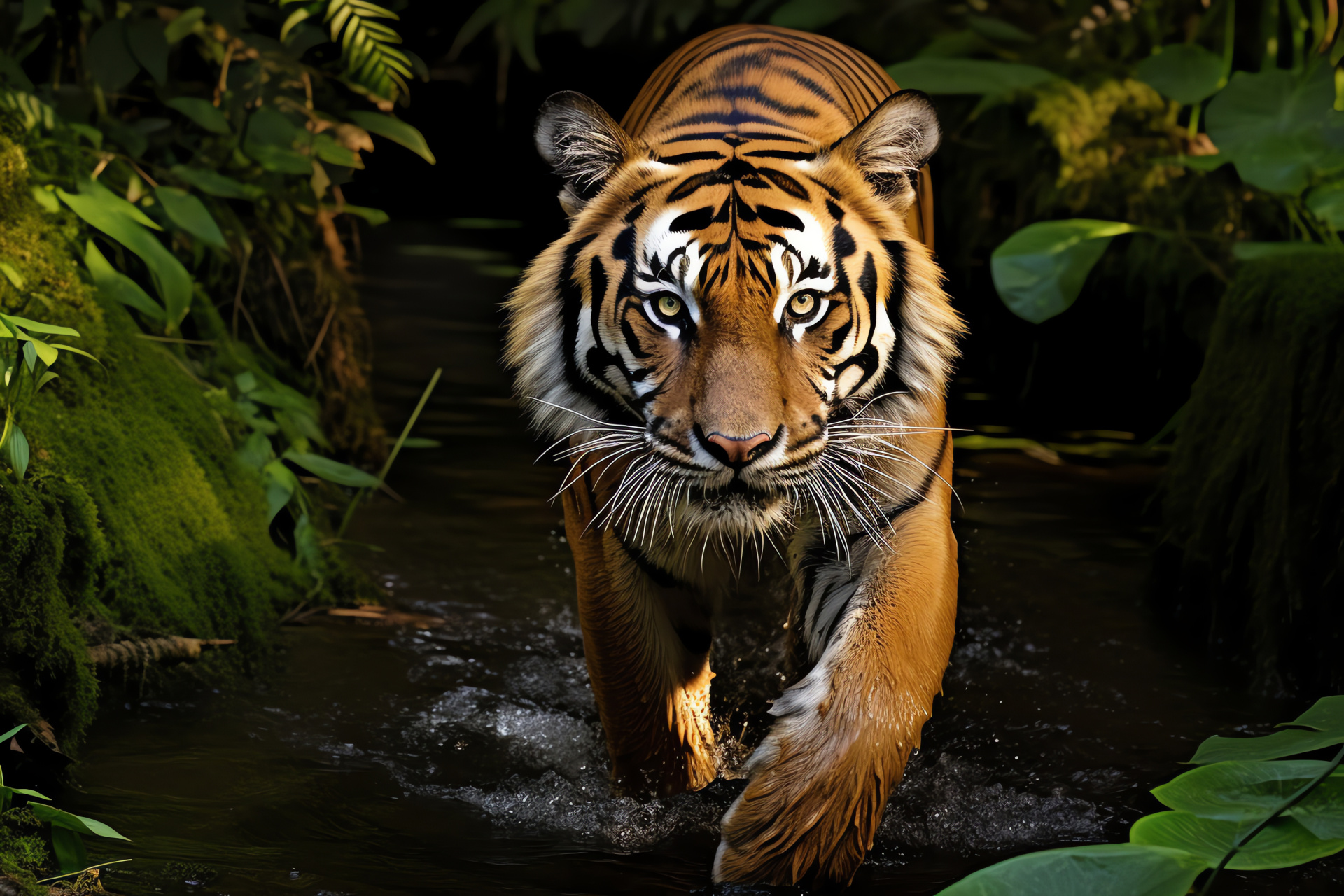 Bengal tiger stride, Dense Indian forest, Wide jungle view, Authoritative feline presence, Emerald leaf scene, HD Desktop Wallpaper