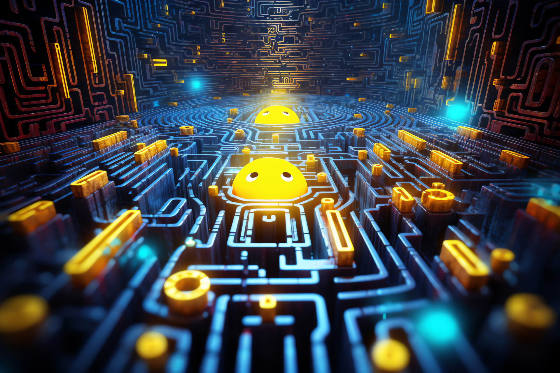 Pacman gameplay world, Iconic yellow hero, Eater figure, Digital labyrinth game, Arcade entertainer, HD Desktop Wallpaper