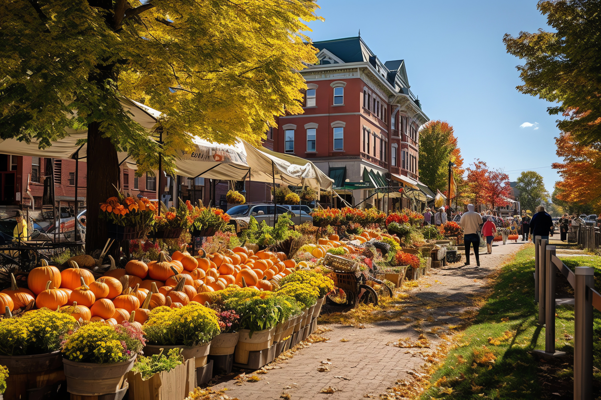 Autumnal market buzz, bounty of season, vibrant community gathering, multicolored decorations, festive town square, HD Desktop Image