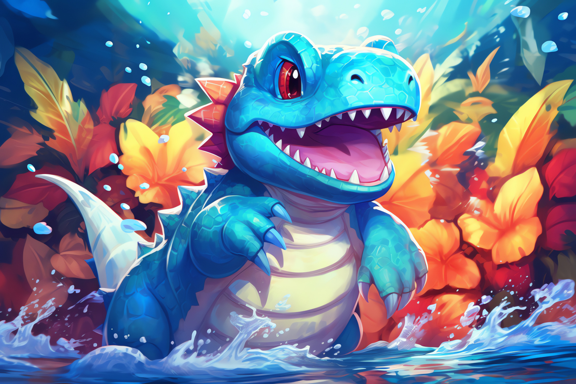 Totodile aquatic scene, Water-type Pokmon showcase, Digital artistry, Tranquil pool setting, Ripple effect detail, HD Desktop Wallpaper