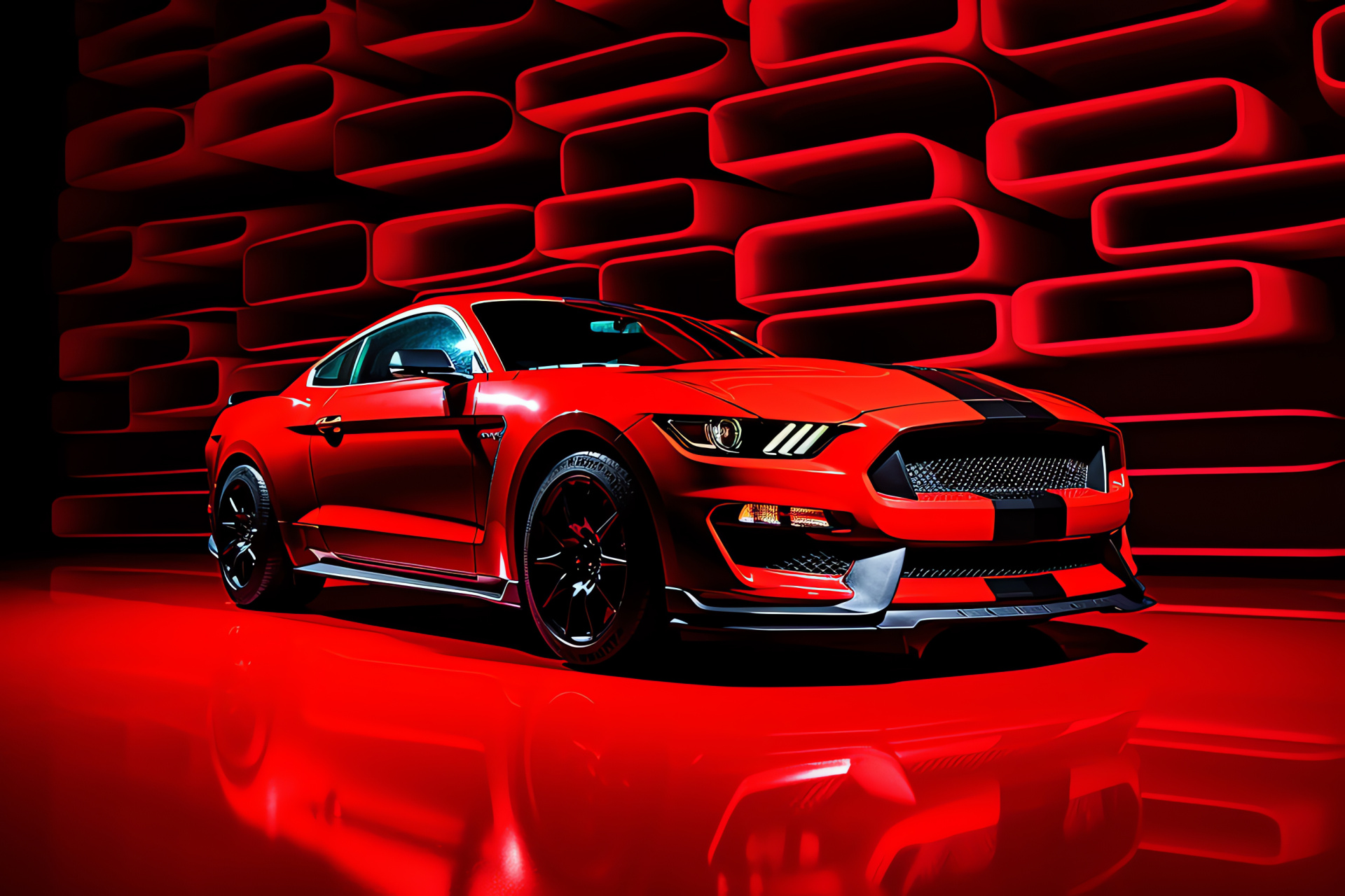 Mustang GT350, Crimson foundation, Expansive shot, Commanding saturation, High-impact auto display, HD Desktop Image