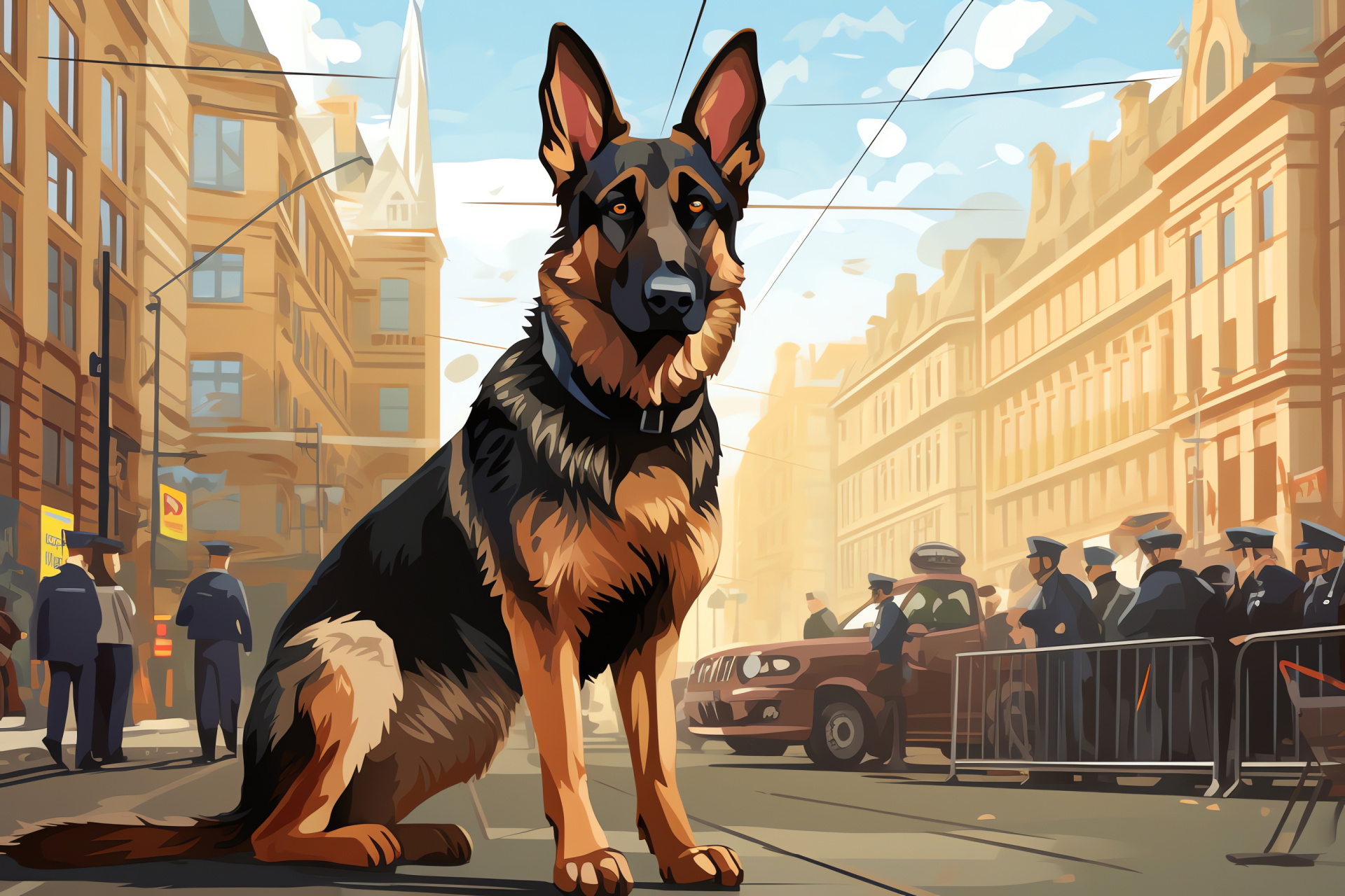 K9 dog duty, Gleaming canine eyes, Short-haired breed, Richly colored coat, Metropolitan awareness, HD Desktop Image