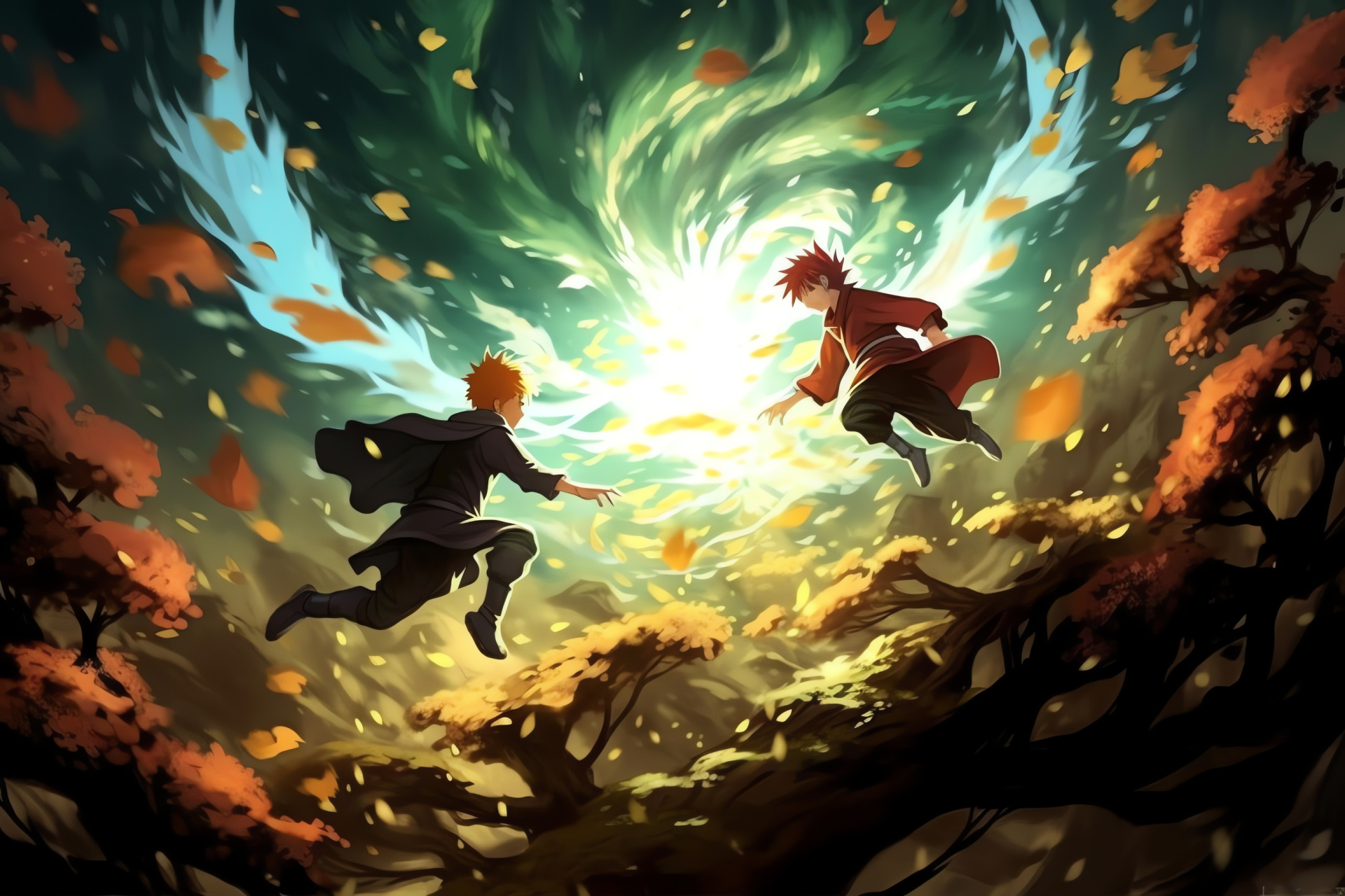 Naruto Uzumaki, Gaara encounter, Dense forest battleground, Aerial agility, Kinetic energy, HD Desktop Image