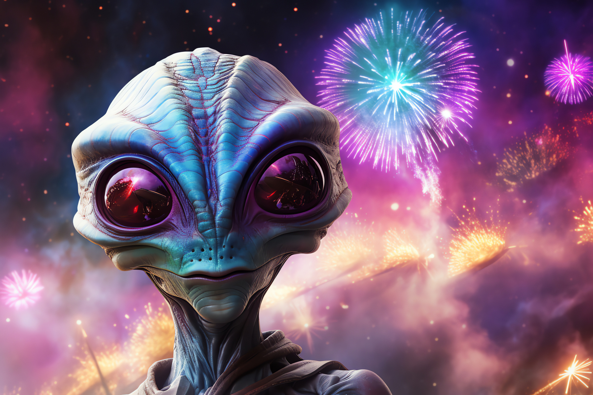 Extraterrestrial lifeform, exoplanet landscape, interstellar observer, stellar phenomena, galactic spectacle, HD Desktop Wallpaper