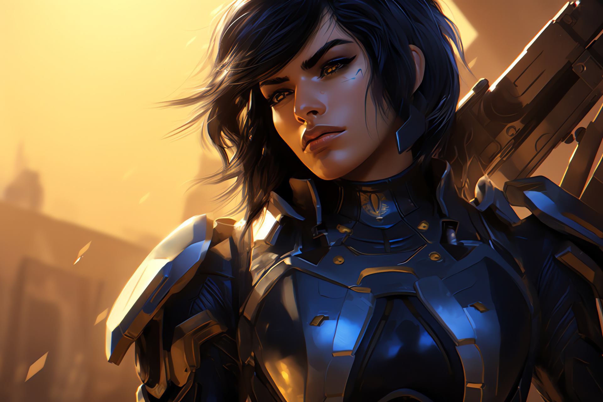 Pharah, Overwatch guardian, Eye-catching gold, High-impact armament, Simplistic graphic, HD Desktop Wallpaper