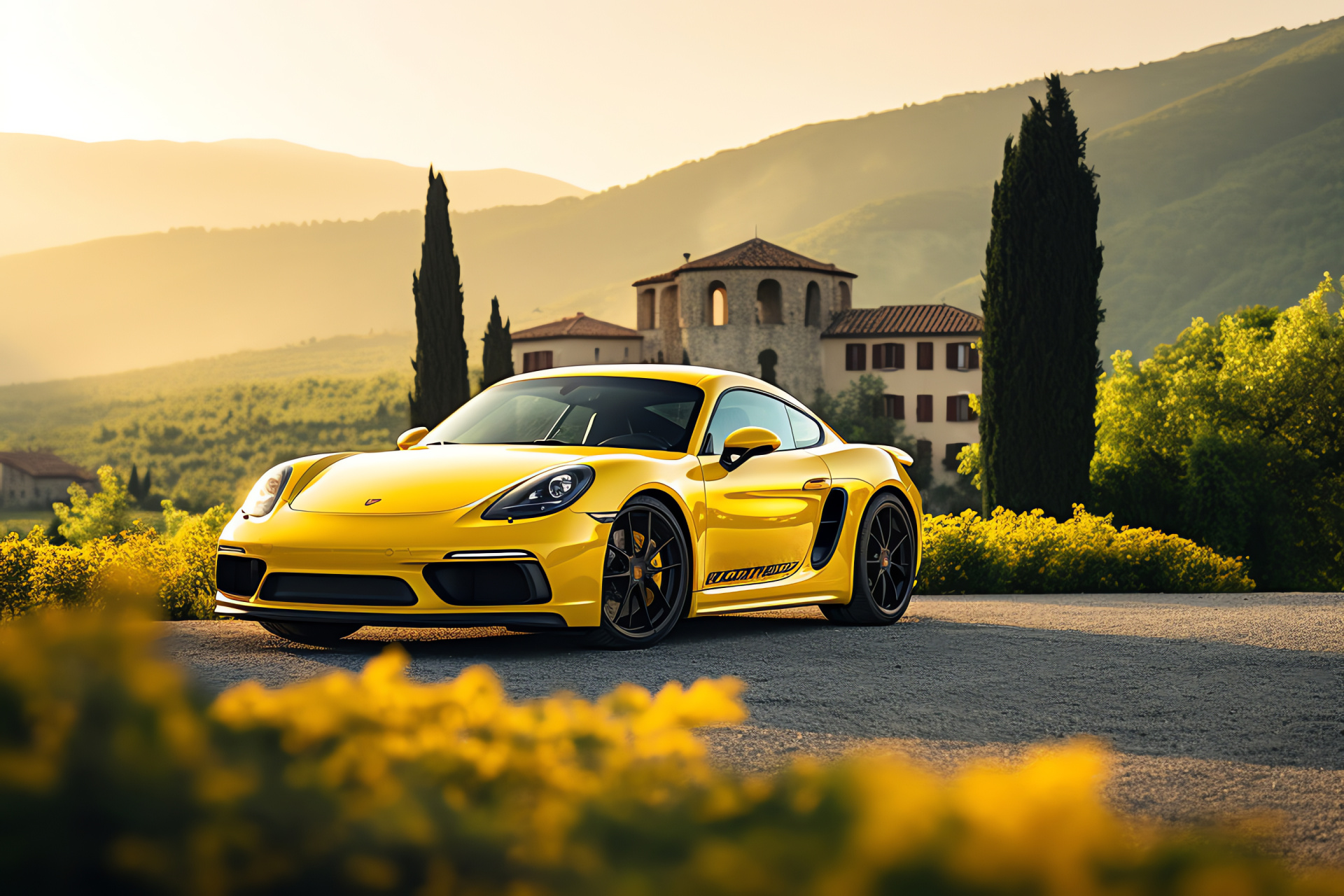 Porsche Cayman GT4 Clubsport, Tuscan countryside, Racing breed, Vineyard circuit, Italian landscape, HD Desktop Wallpaper