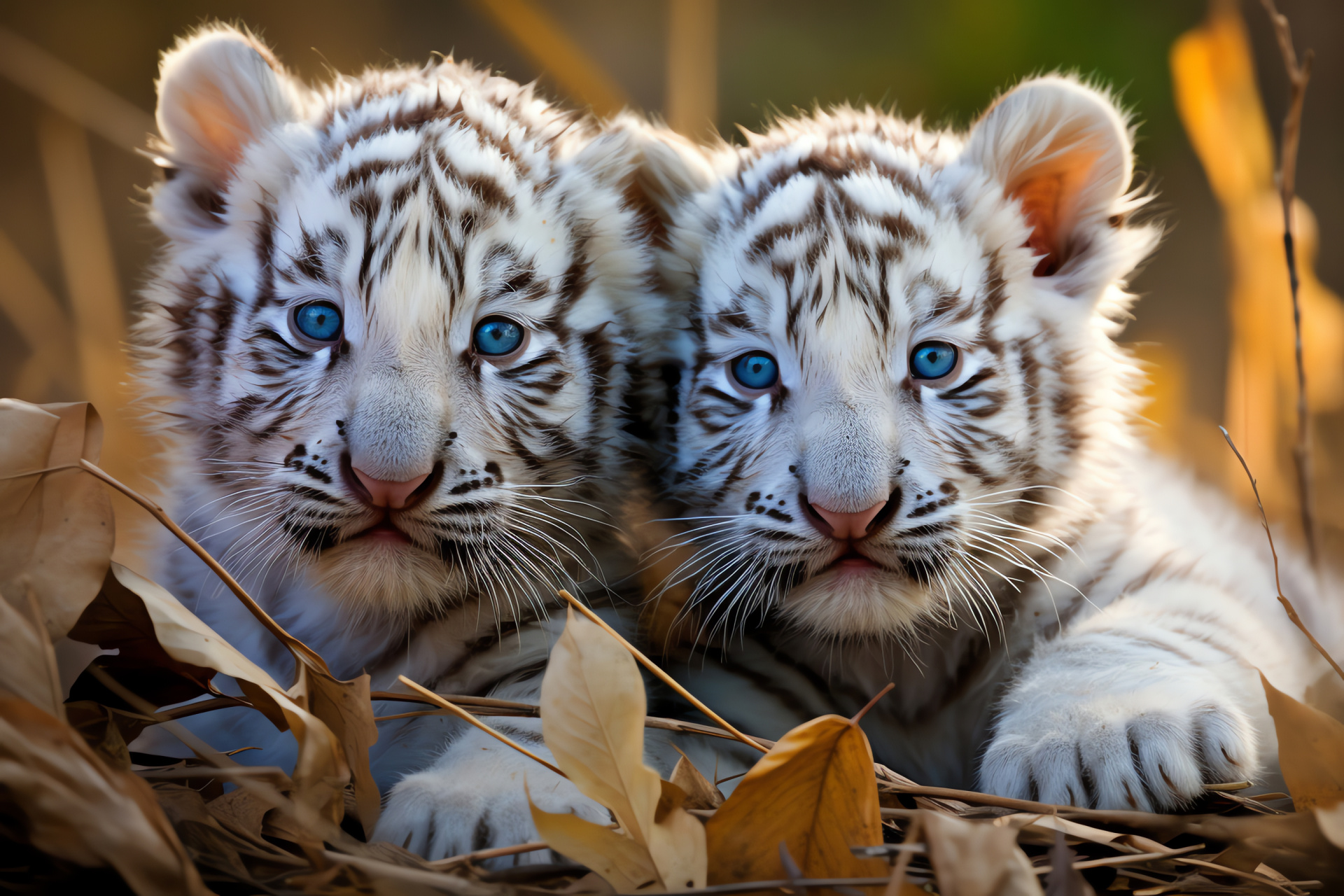 Frolicsome White Tiger Cubs, adorable felines, playful nature, striped furs, wintry haven, HD Desktop Wallpaper