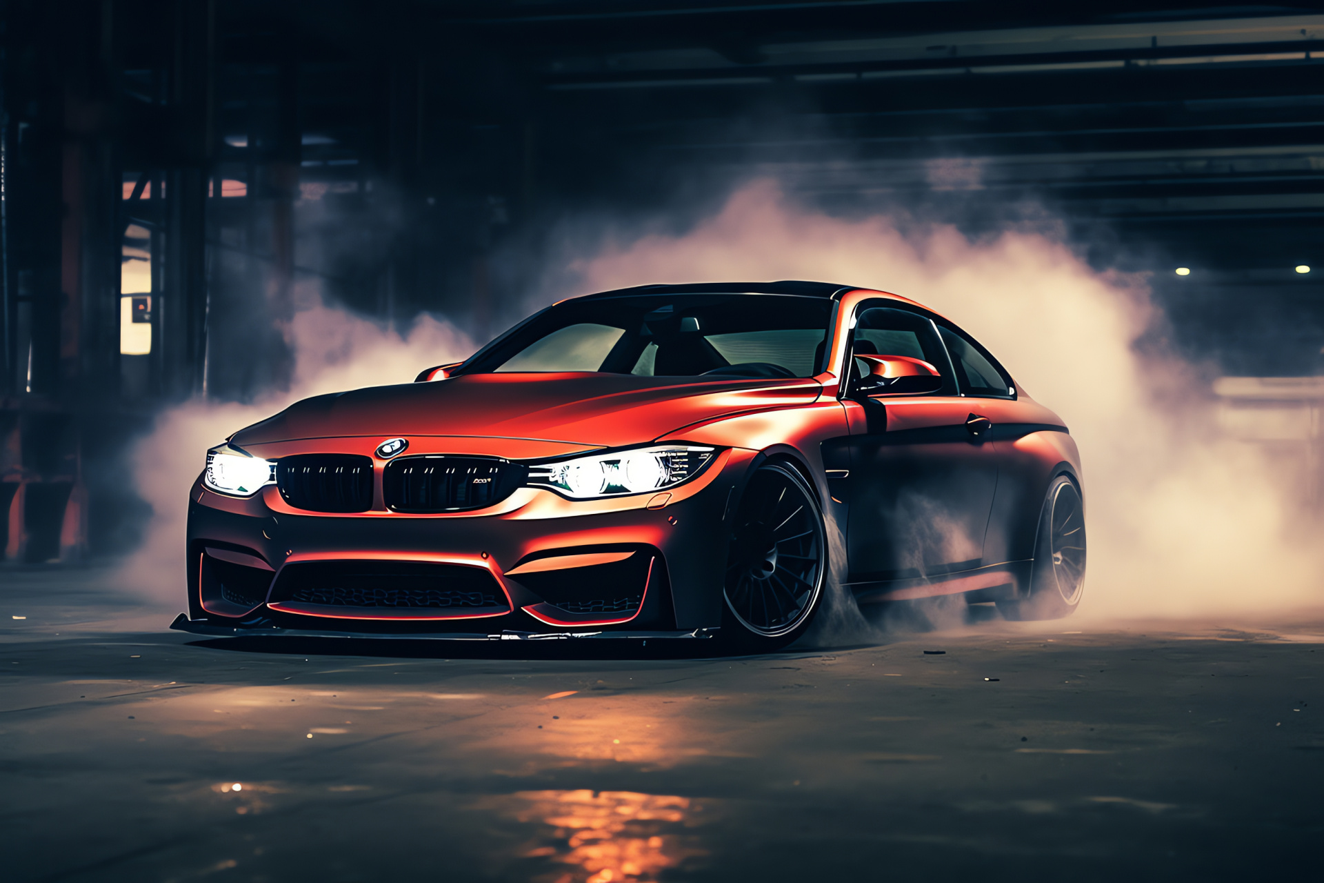 BMW M4 performance, Tuned vehicle stance, Industrial backdrop, Motorsport action, Dramatic burnout scene, HD Desktop Image