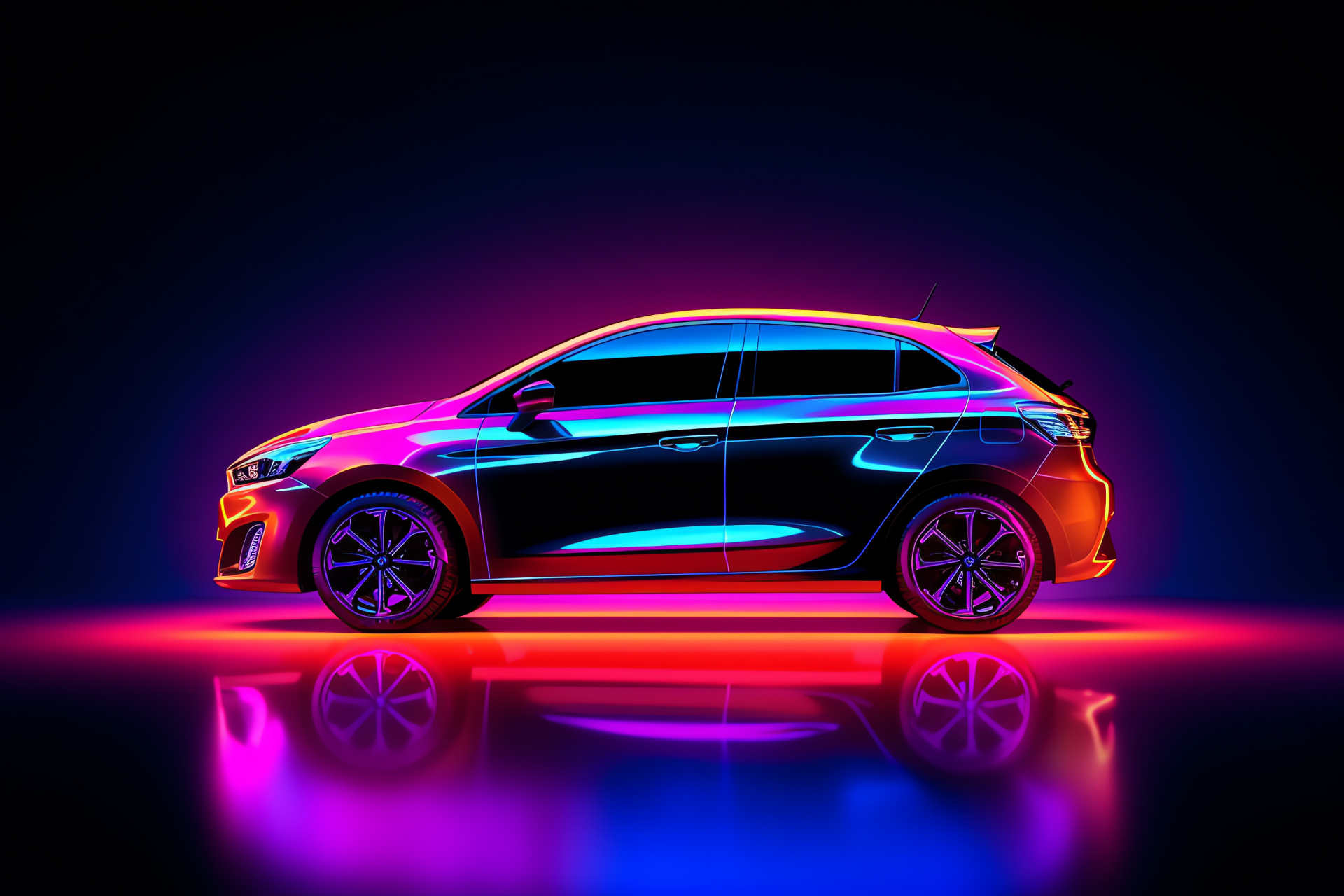 Neon illumination on car, dichromatic backdrop, profiling shot, bright tints, automotive design, HD Desktop Wallpaper