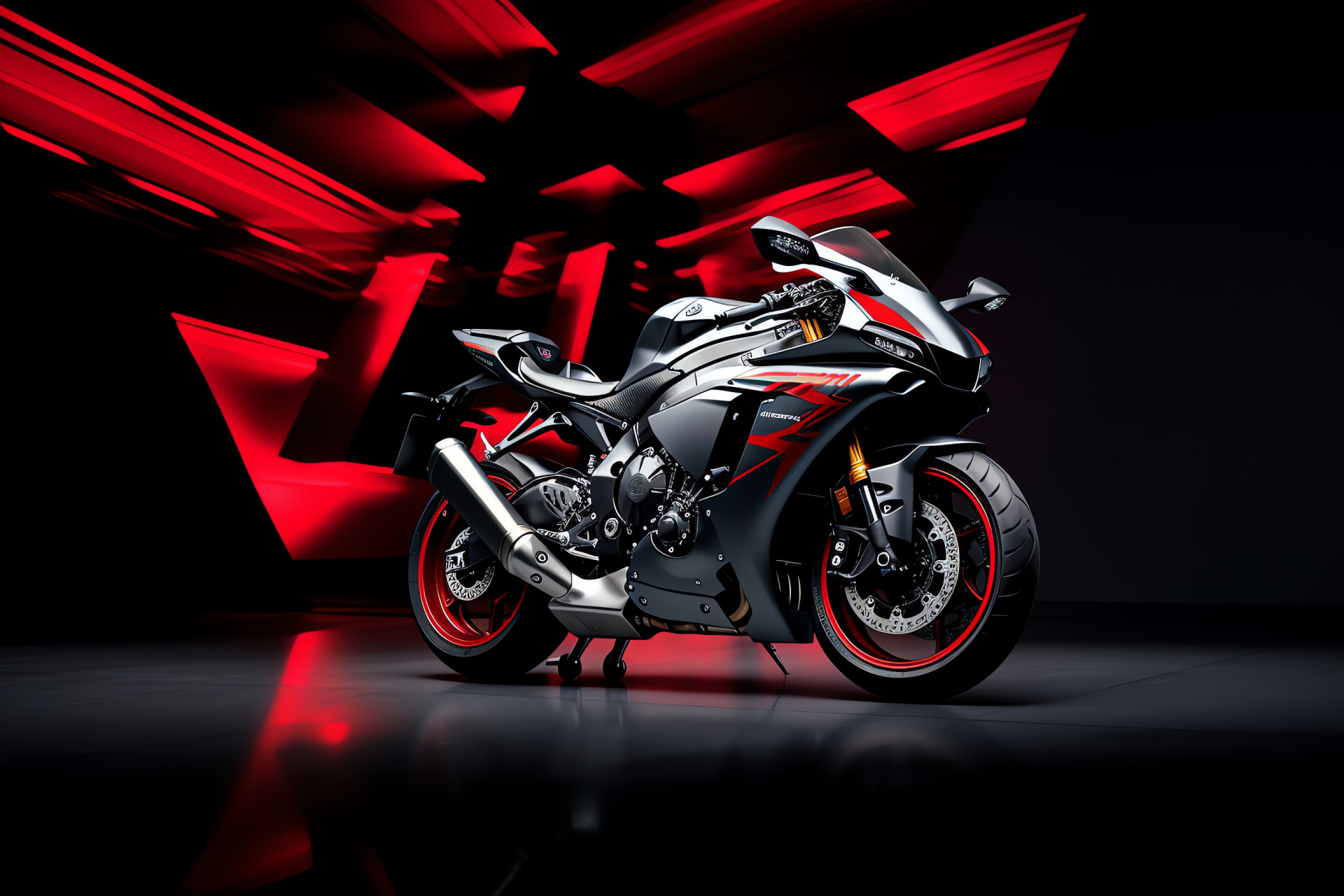 Yamaha R1, precision handling, high vantage, triple-color mix, red, black, white layers, HD Desktop Wallpaper