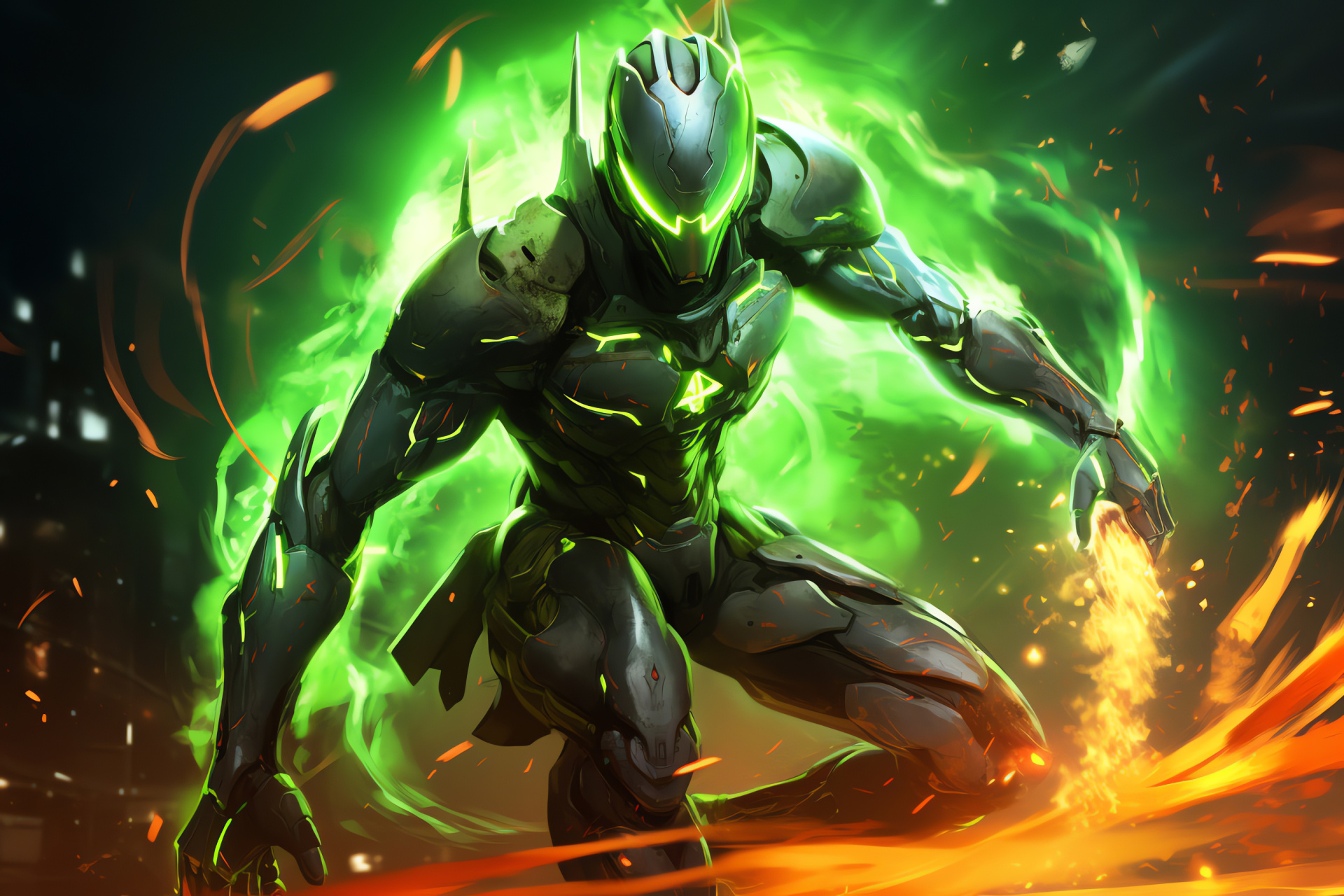 Action-packed Genji, Overwatch battle scene, dynamic ninja, cyber enhancements, epic encounter, HD Desktop Wallpaper