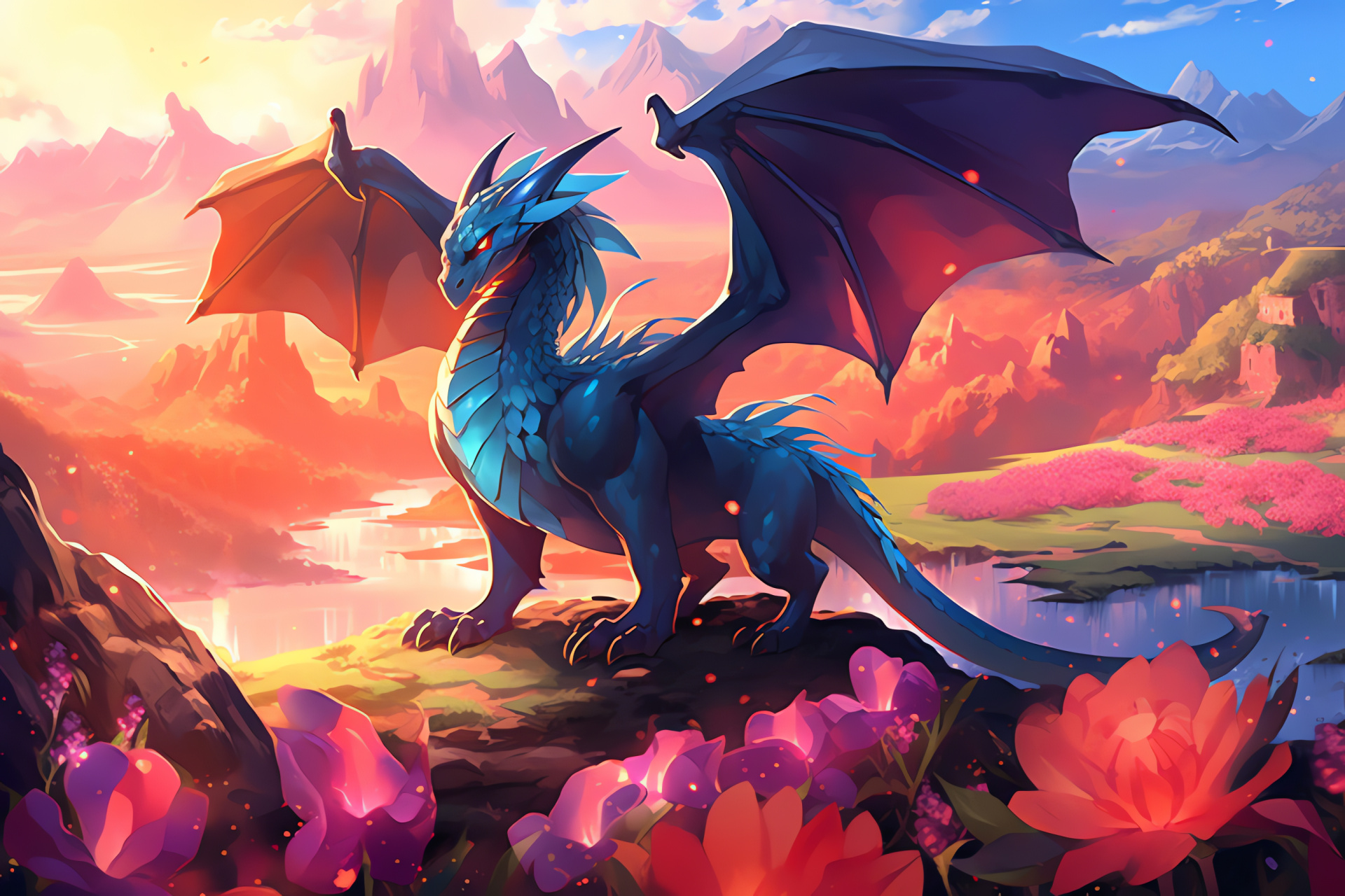 Pokemon scene, Green meadows, Serene Valley, Charizard presence, Tranquil environment, HD Desktop Image