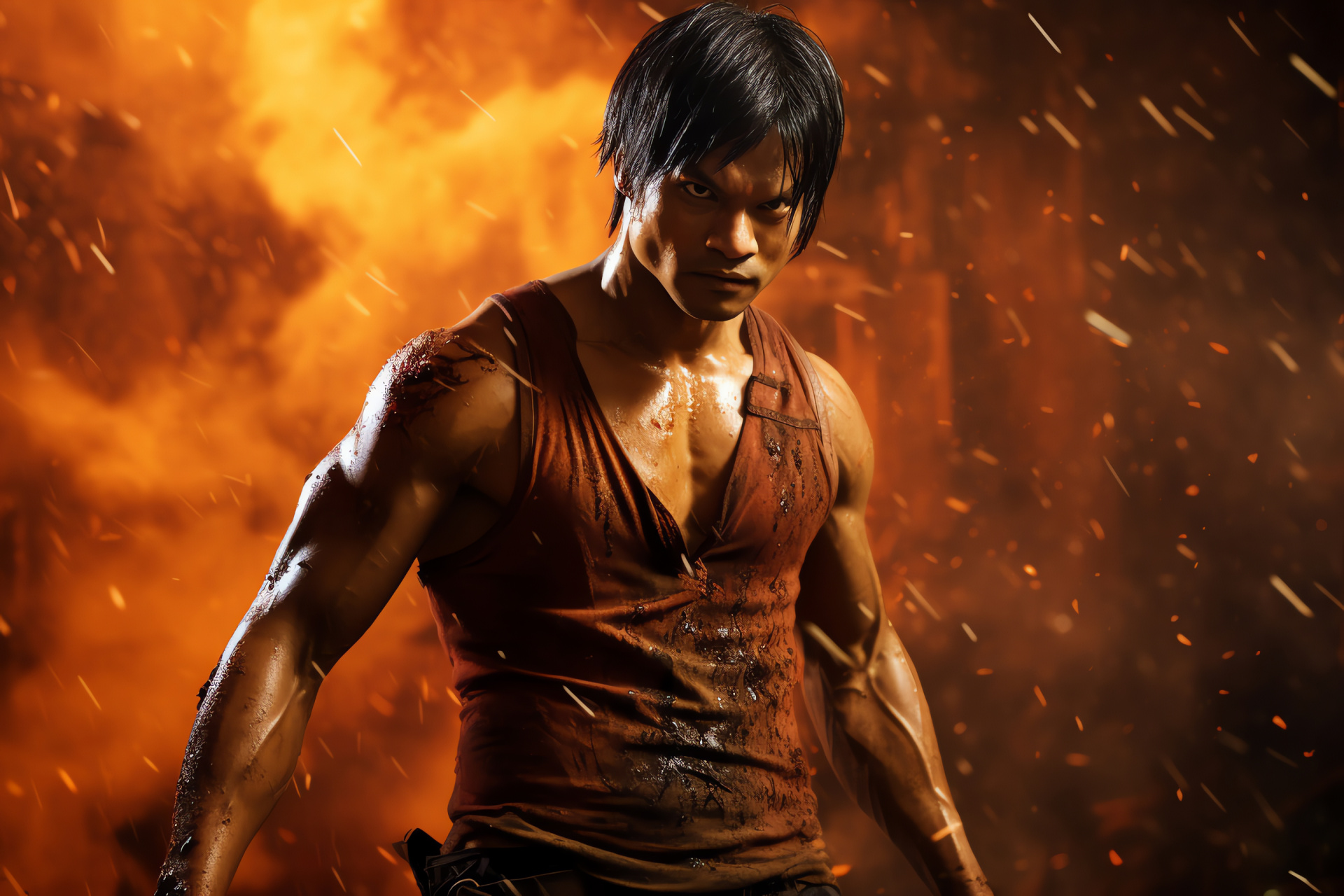 Tony Jaa as Mhen, Formidable fighter, Captivating presence, Resolute visage, Umber irises, HD Desktop Image