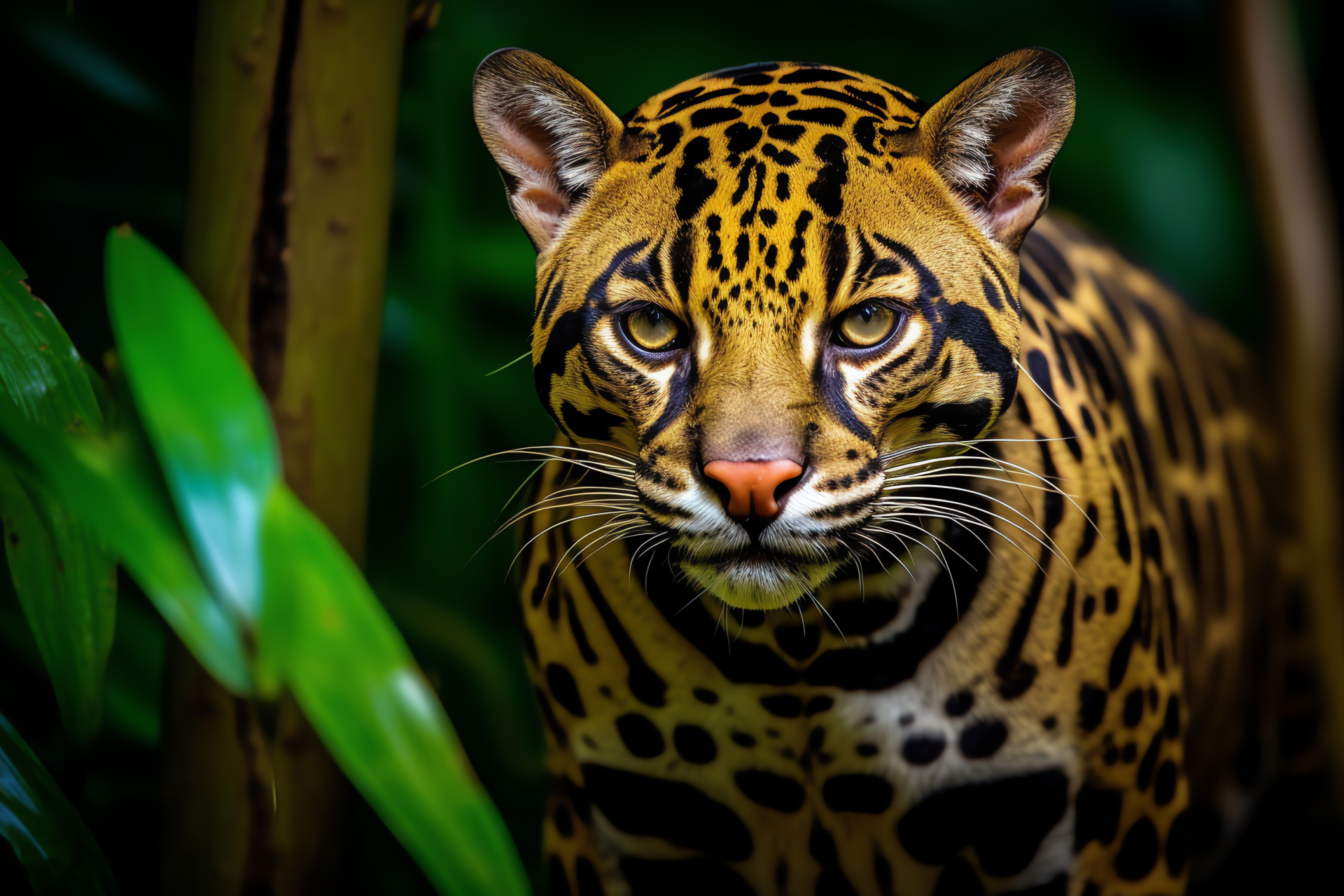 Ocelot in habitat, golden eye detail, natural pattern, velvety pelt, rainforest ecosystem, HD Desktop Image