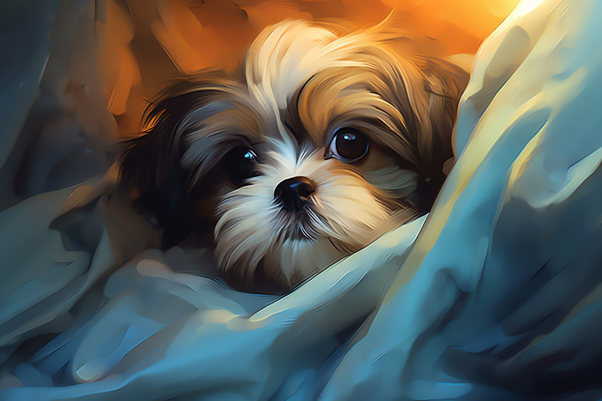 Miniature Shih Tzu, Obsidian gaze, Silken mantle, Porcelain shading, Toasted highlights, HD Desktop Image