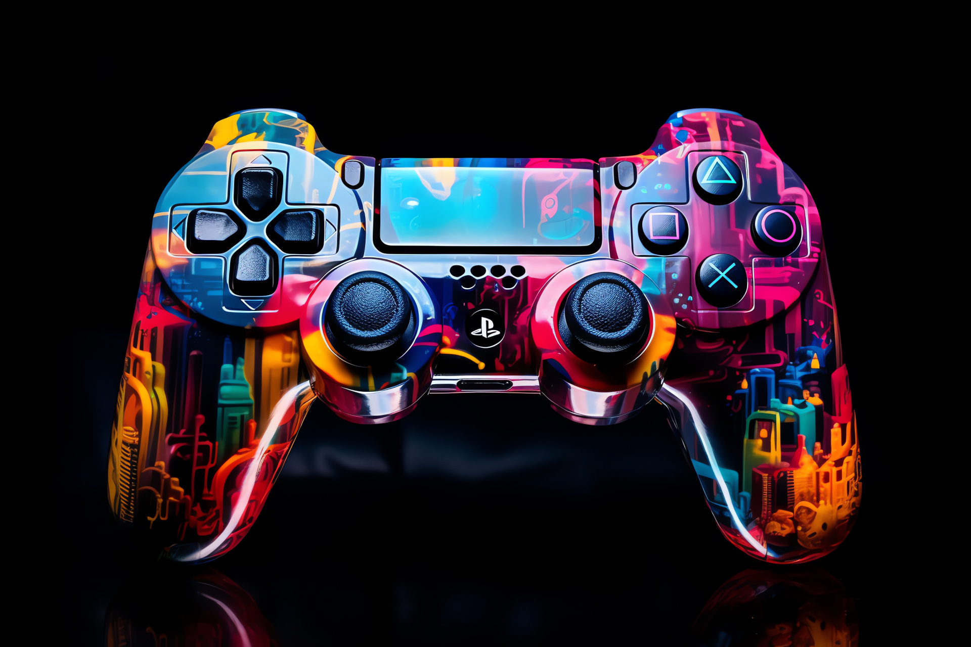 Game controller with mascots, Sony PS3 gamepad, Master Chief silhouette, Samus Aran depictions, Pikachu cameo, HD Desktop Wallpaper