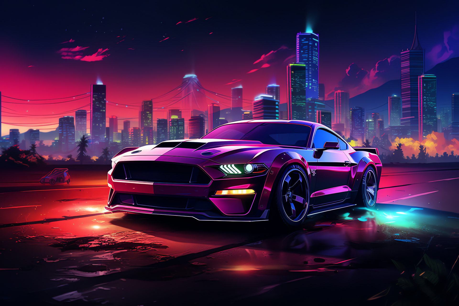 Muscle car saga, Mustang panorama, neon city concept, automotive admiration, future metropolis depiction, HD Desktop Wallpaper