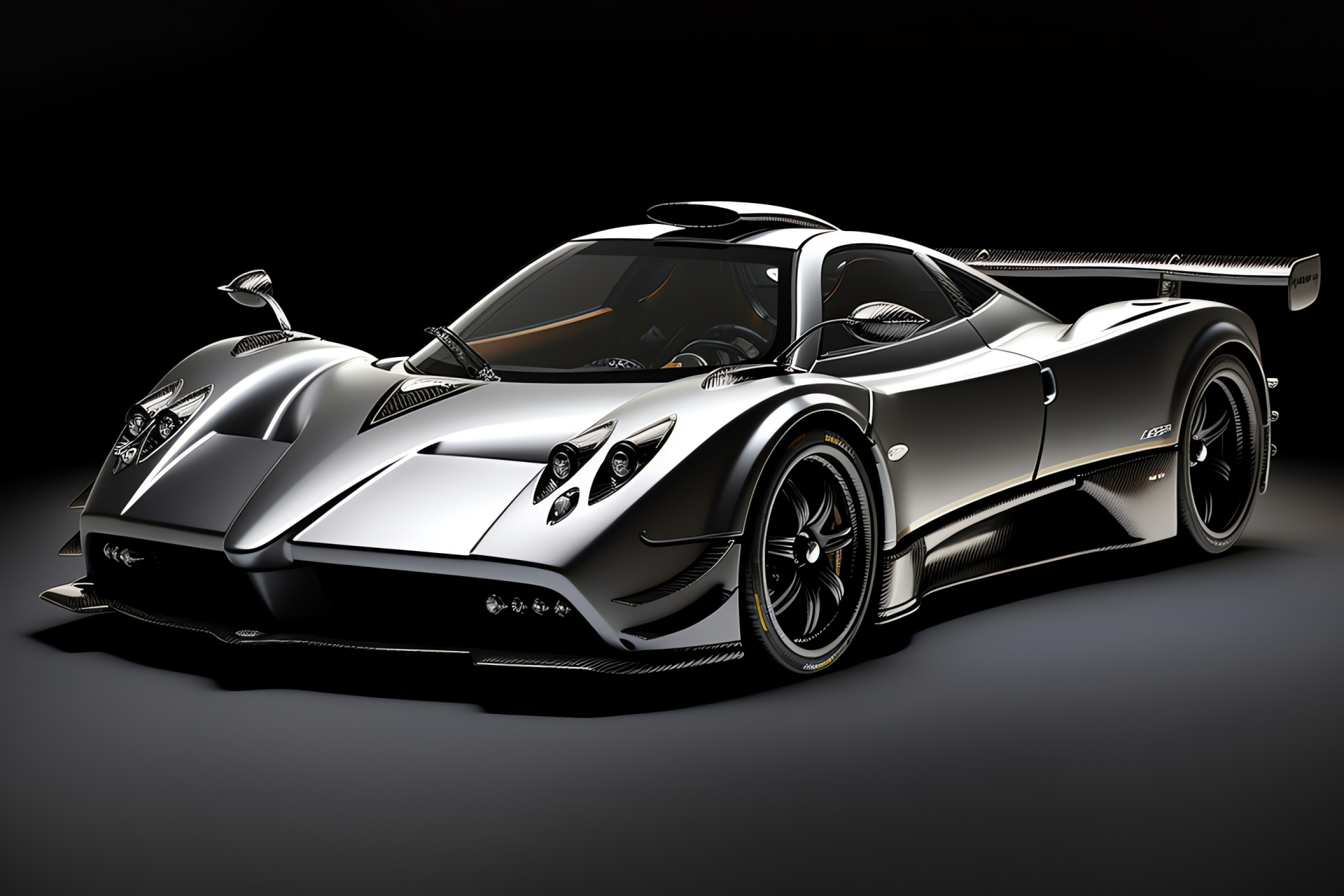 Pagani Zonda F, towering angle, minimalist palette, reflective sheen, obsidian contrasts, HD Desktop Image