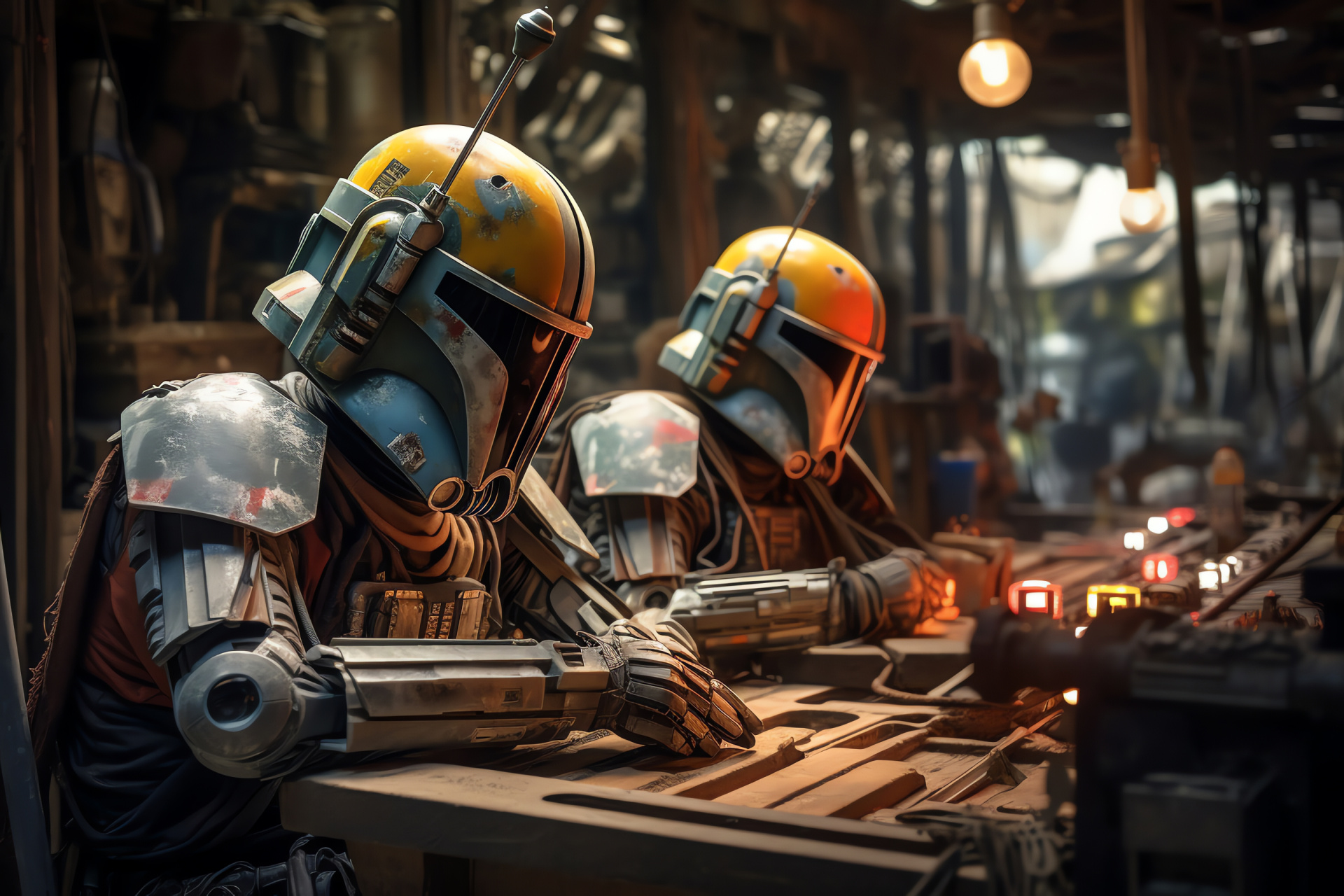 Rebel companions, Mechanical droids, Industrial setting, Repairing tools, Urban art, HD Desktop Image