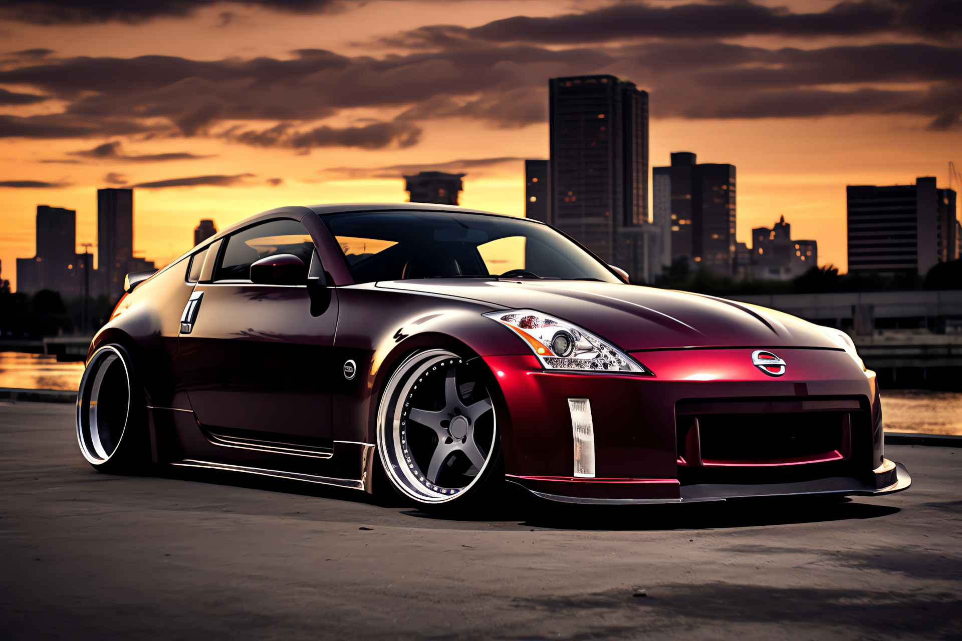 Slammed Nissan 350Z, dynamic stance, custom aesthetic, dual-tone design, sporty appeal, HD Desktop Image