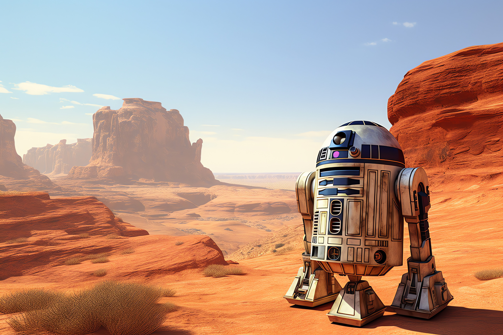 Astromech droid R2-D2, iconic Star Wars character, Tatooine-like terrain, robot in a desert, sci-fi saga, HD Desktop Wallpaper