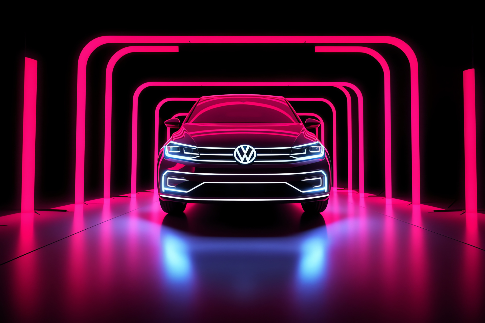 Volkswagen emblem, Automotive branding, Iconic symbol, Neon backdrop, Contrast design, HD Desktop Wallpaper