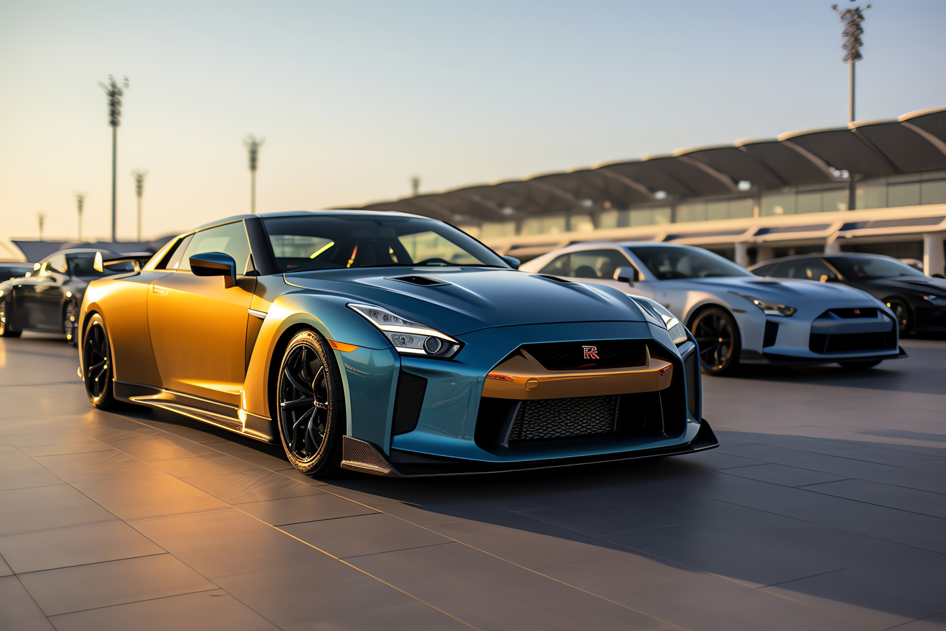 Yas Marina's Nissan GTR GT-R50, Italdesign collaboration, Unique body colors, Desert racing ambiance, Luxury sportscar glimmer, HD Desktop Wallpaper