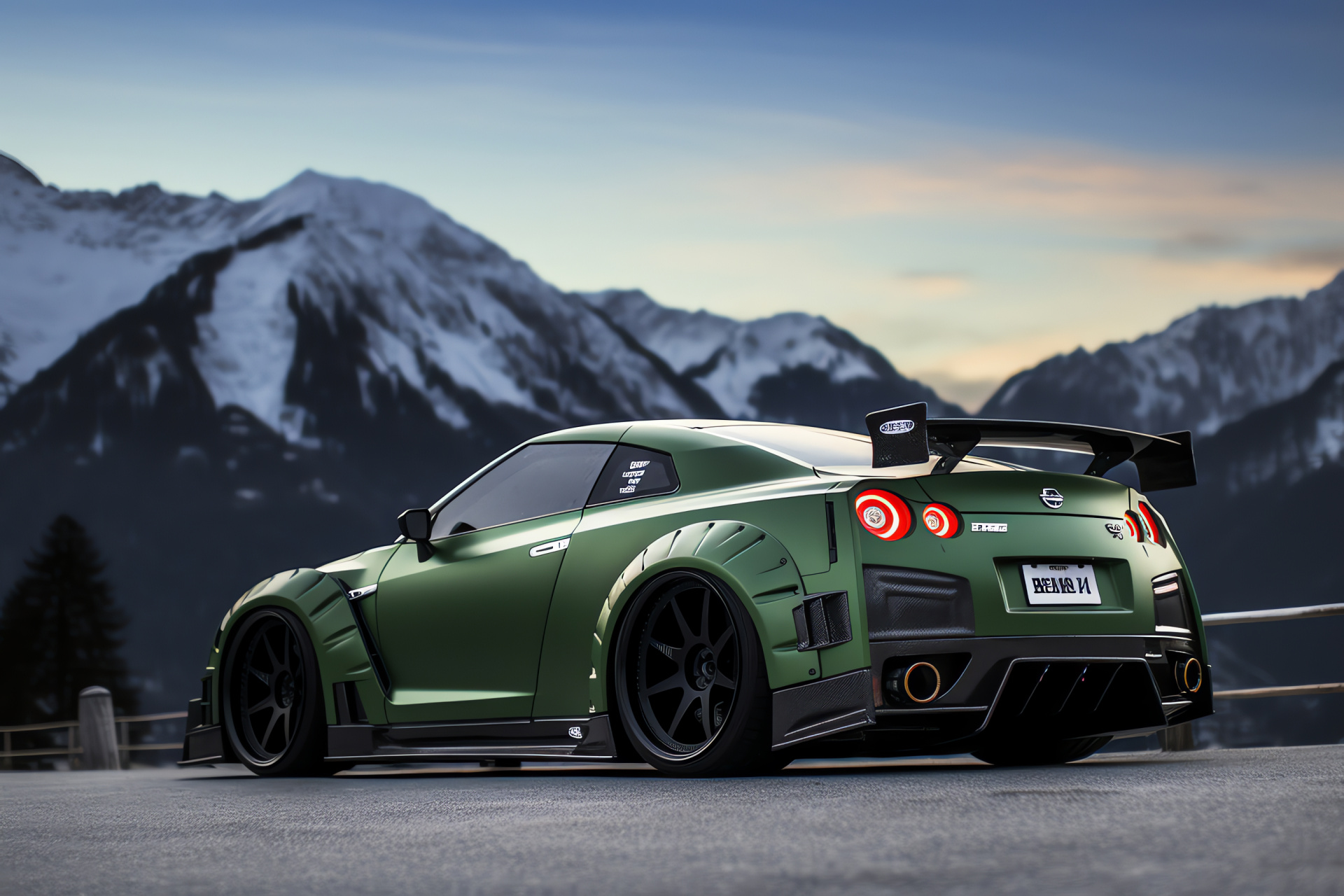 Nissan GTR Liberty Walk, Swiss Alpine roads, Aggressive body stance, Mountain driving, Serene valley environment, HD Desktop Wallpaper