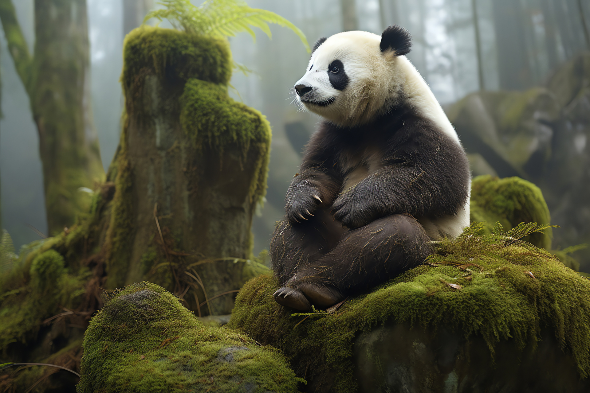 Aged Panda, Forest elder, Grey and white coat, Lush habitat, Ancient rocks, HD Desktop Image