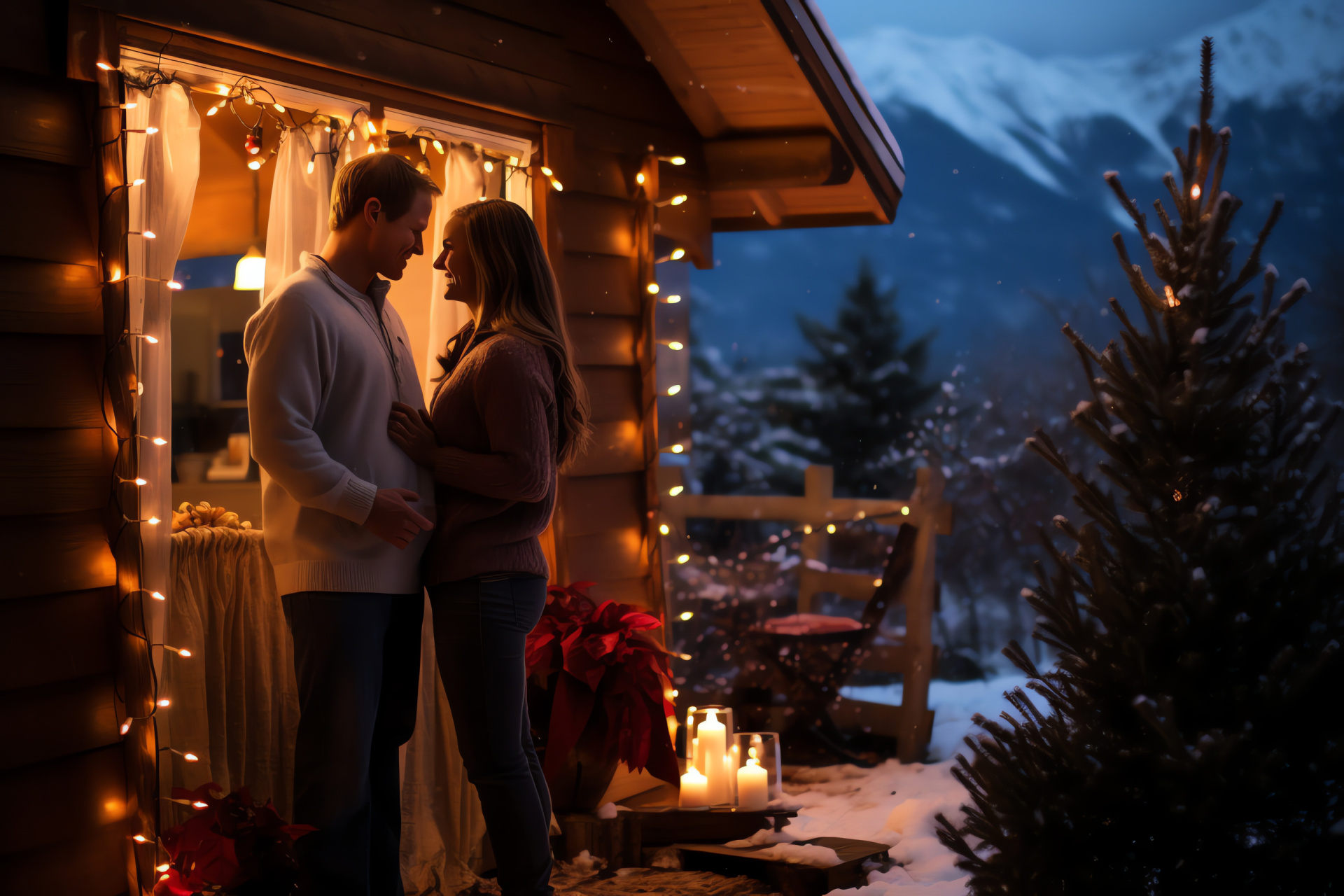 Wintery Christmas landscape, Secluded alpine lodge, Snowy peaks retreat, Intimate holiday escape, Cozy couple vacation, HD Desktop Image