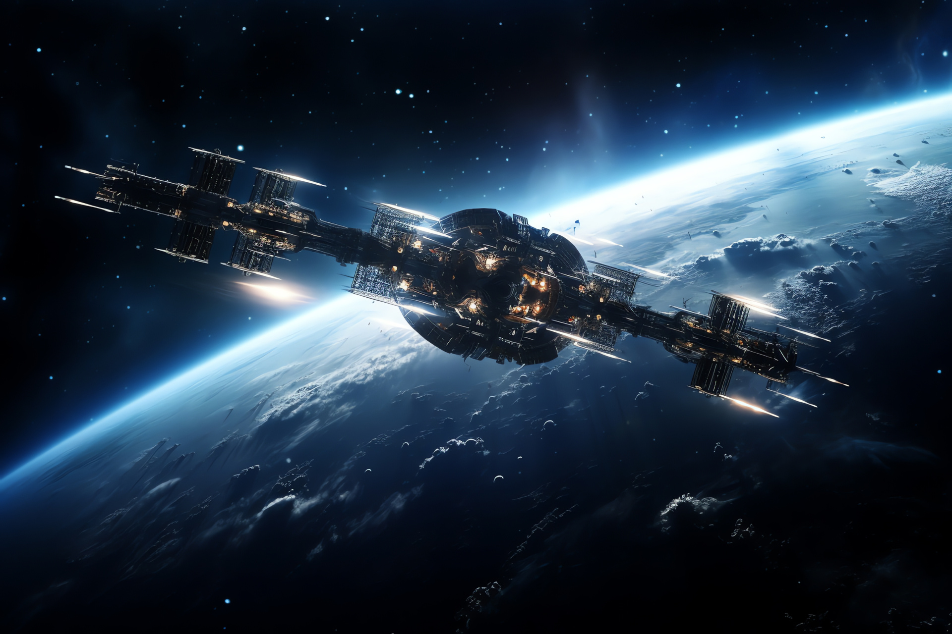 Terrestrial guardian, Orbital debris shield, Spaceborne community, Celestial show, Space dwellings, HD Desktop Image